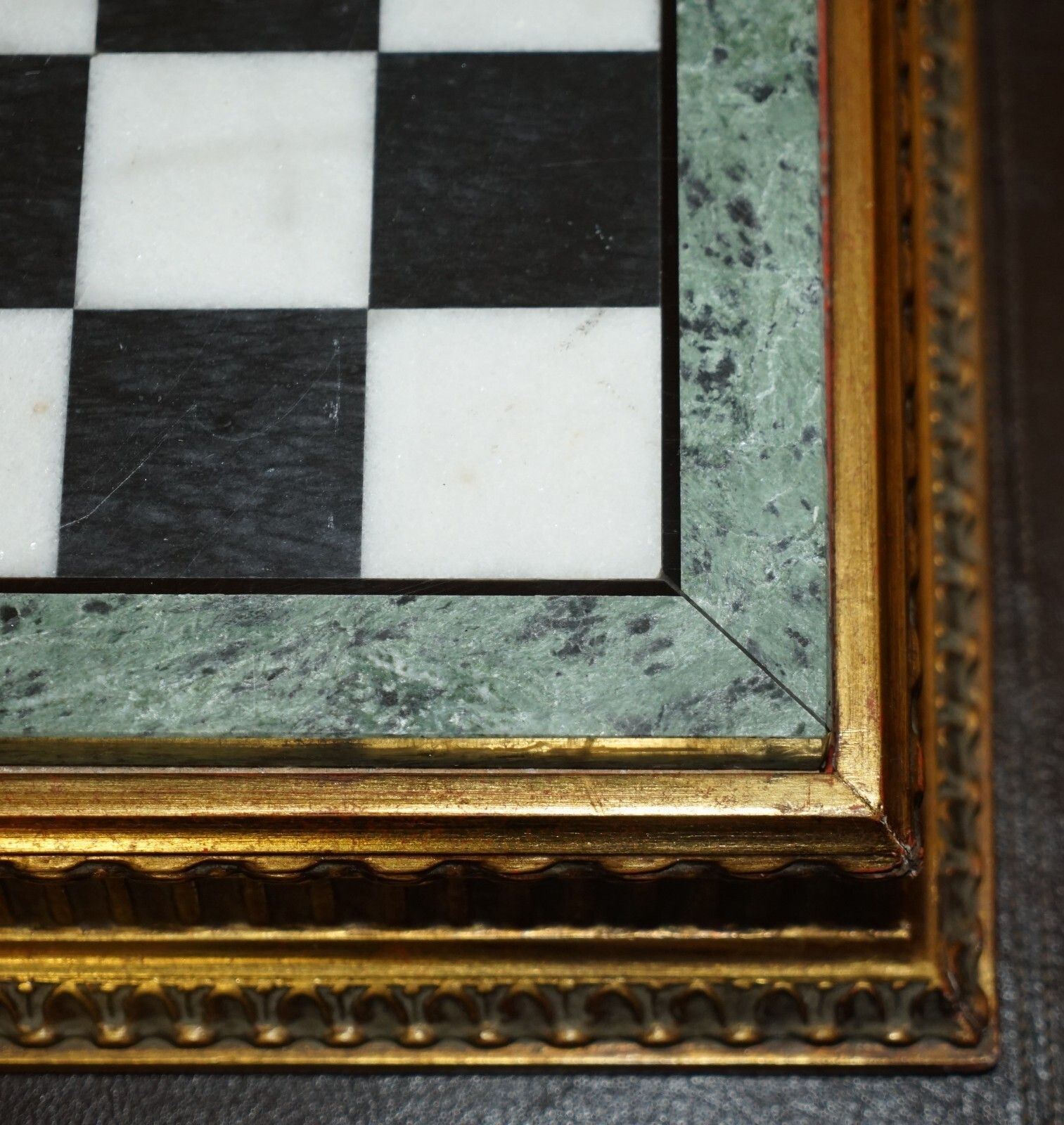 photo vintage Antique Victorian Staunton Chess Pieces Set + Italian Marble Giltwood Chessboard