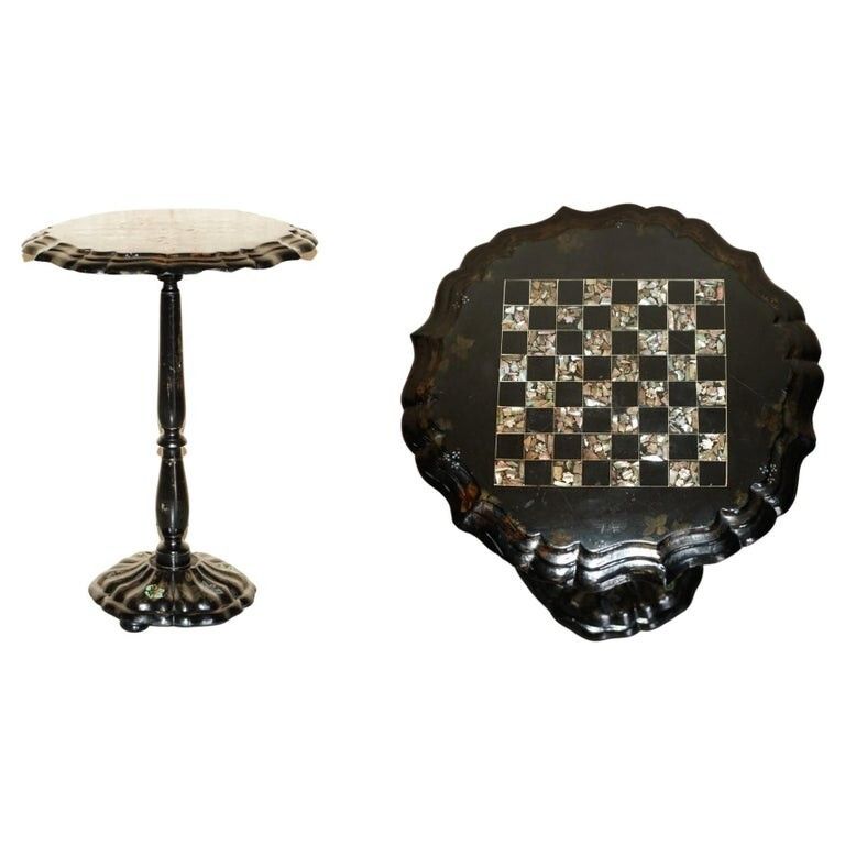 Stunning Antique Victorian 1860 Black Lacquer Mother Of Pearl Chess Games Table