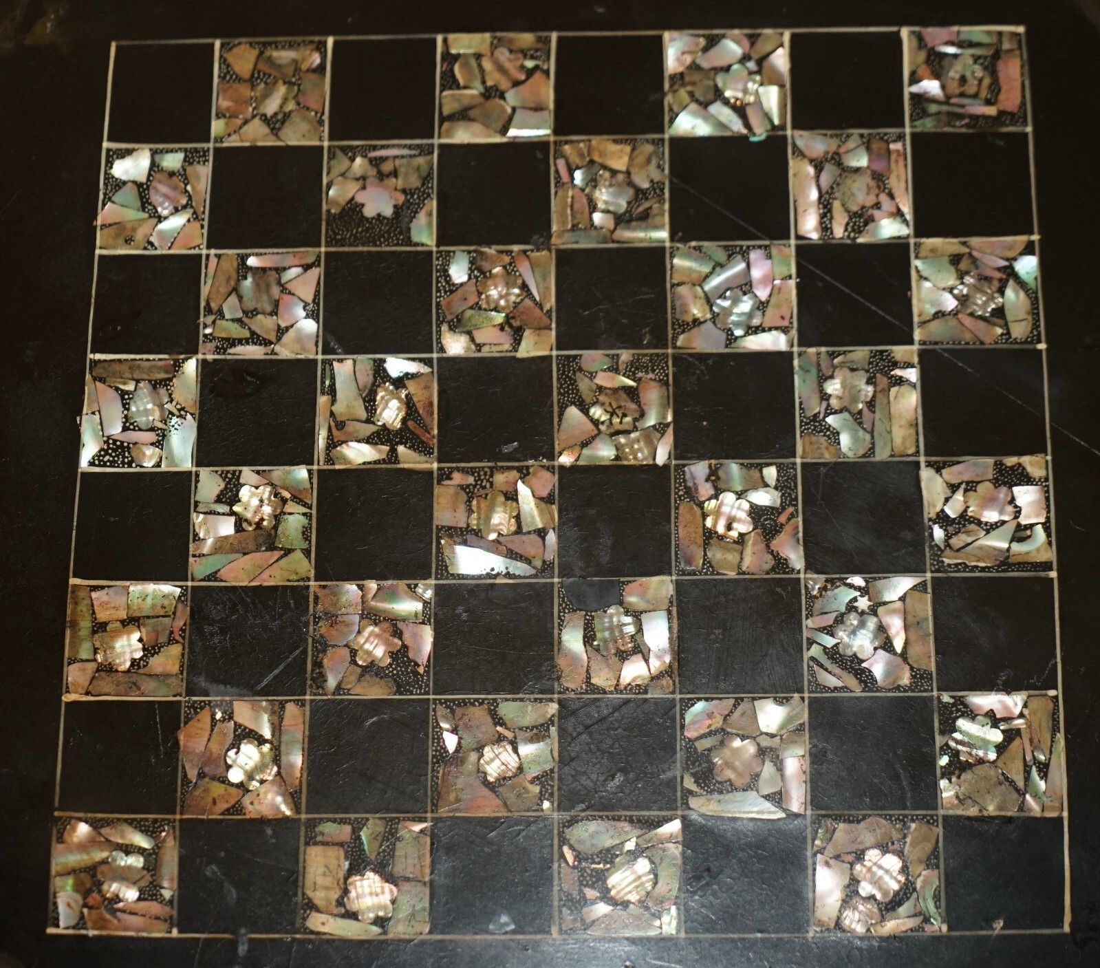 photo for sale Stunning Antique Victorian 1860 Black Lacquer Mother Of Pearl Chess Games Table