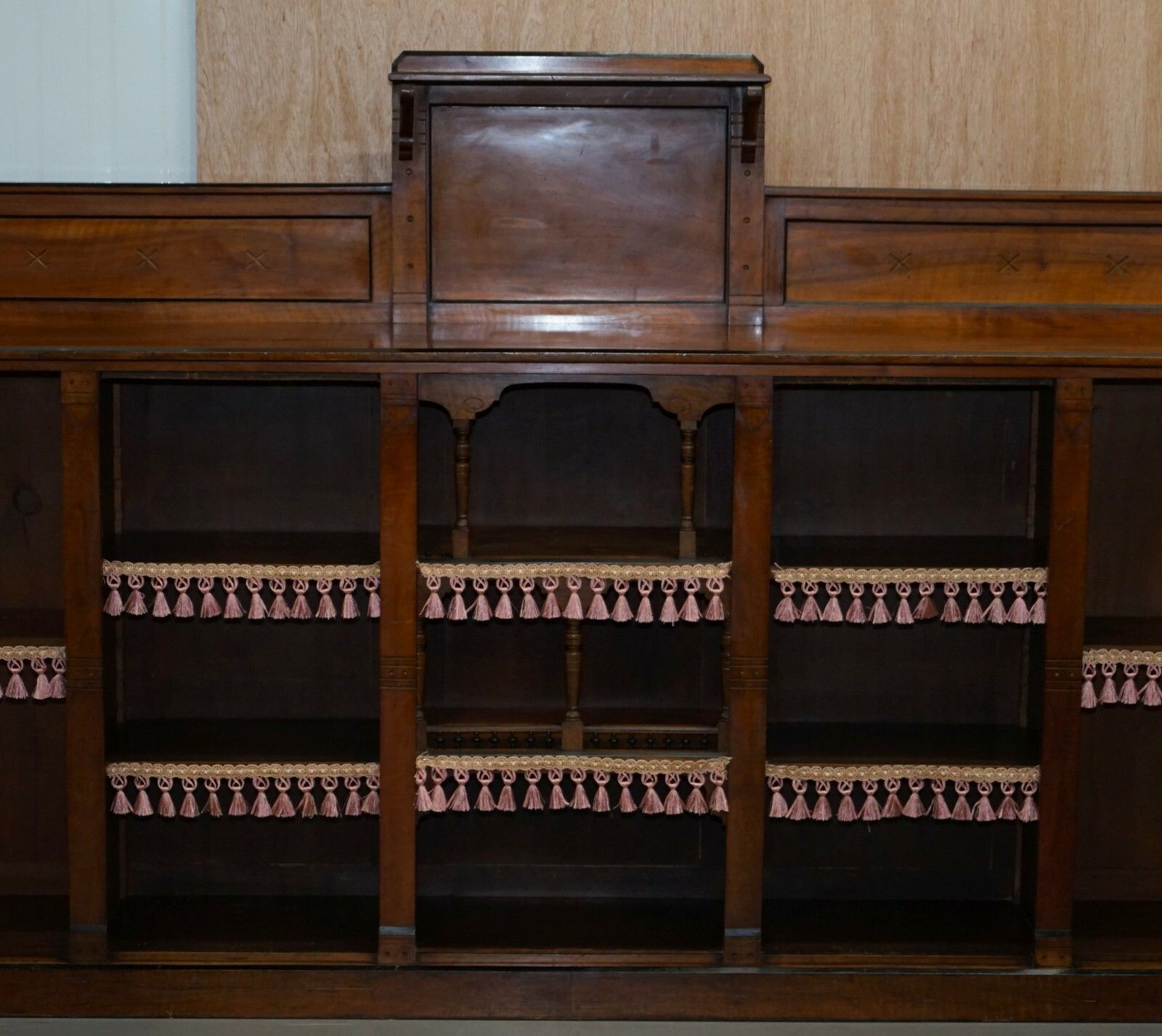 Important Gothic Pugin Style Victorian Walnut Dwarf Open Bookcase 274cm Wide photo vinterior