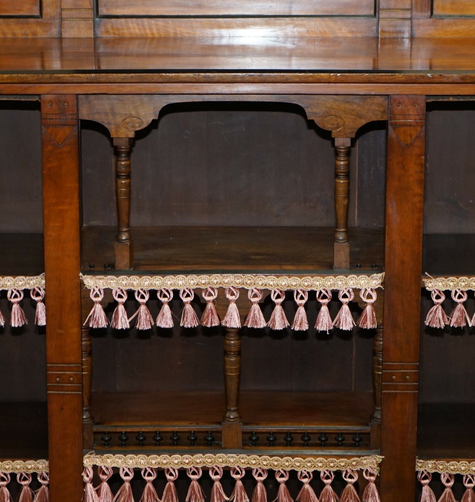 Important Gothic Pugin Style Victorian Walnut Dwarf Open Bookcase 274cm Wide photo buy