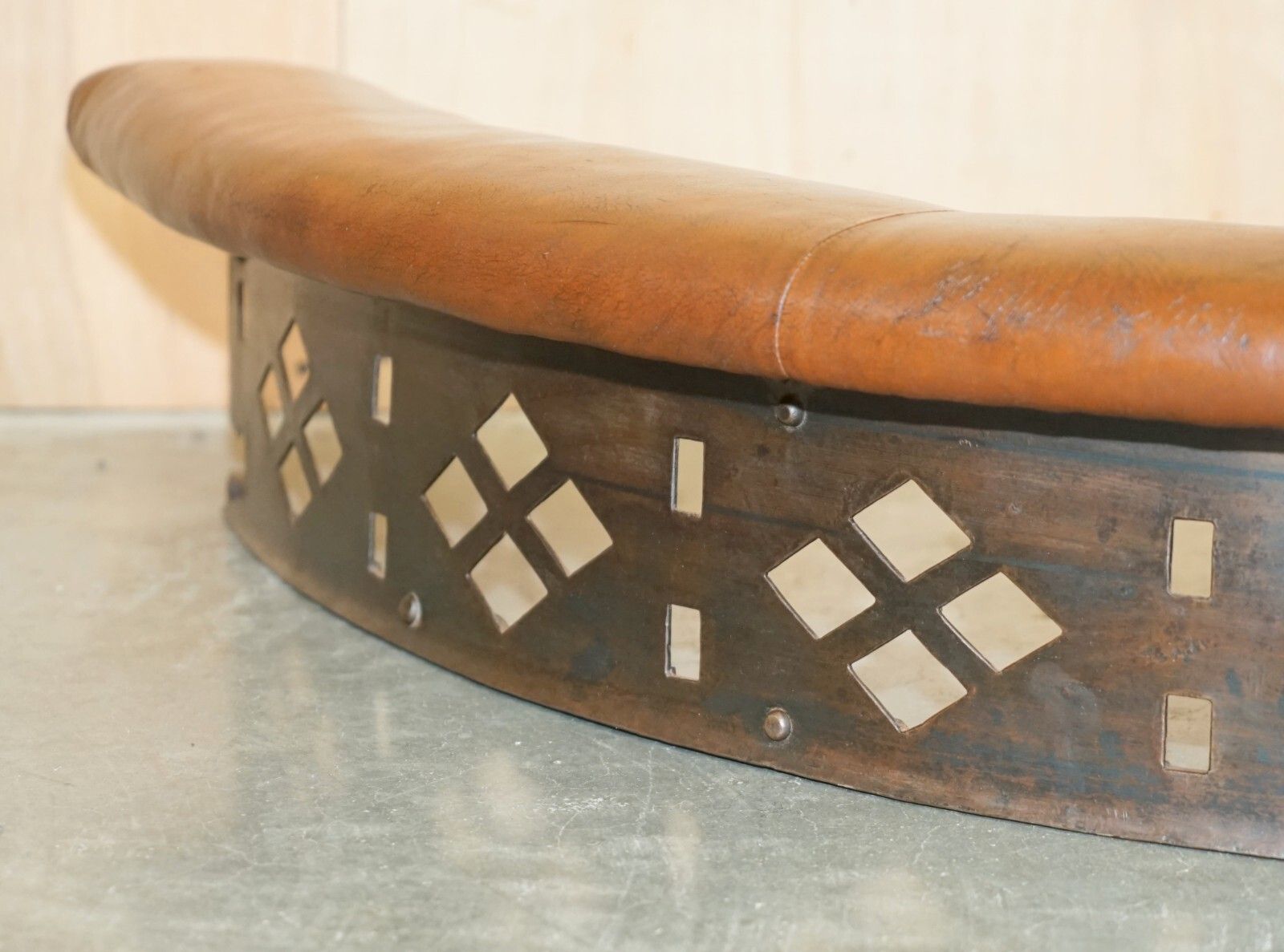 Rare Demi Lune Antique Victorian Brown Leather Club Fender With Pierced Metal photo Home Fixtures