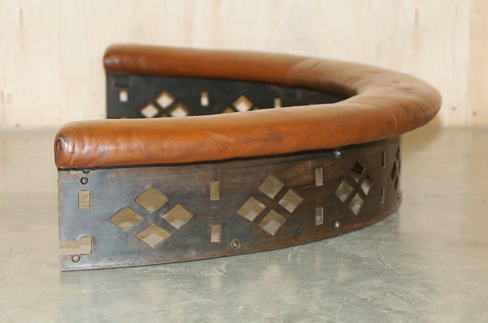2500.0 Rare Demi Lune Antique Victorian Brown Leather Club Fender With Pierced Metal photo