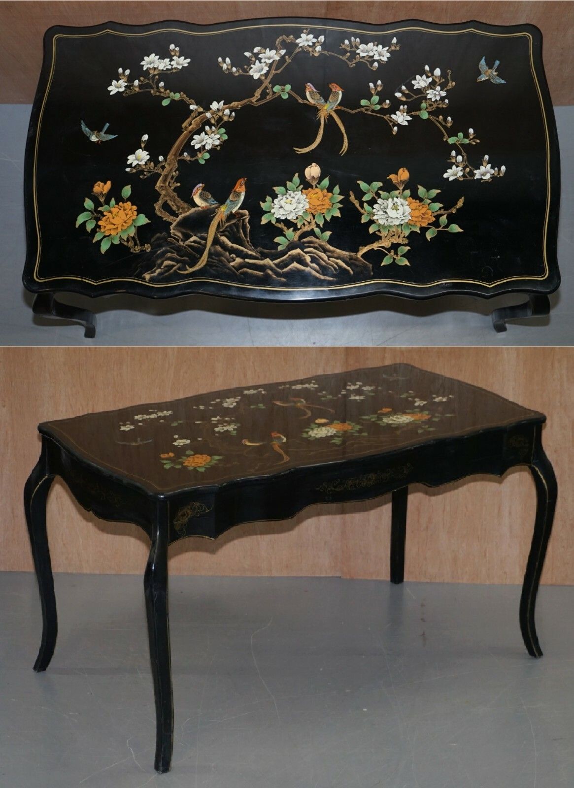 Stunning Black Lacquered Polychrome Painted Writing Table Desk Birds Flowers photo furniture