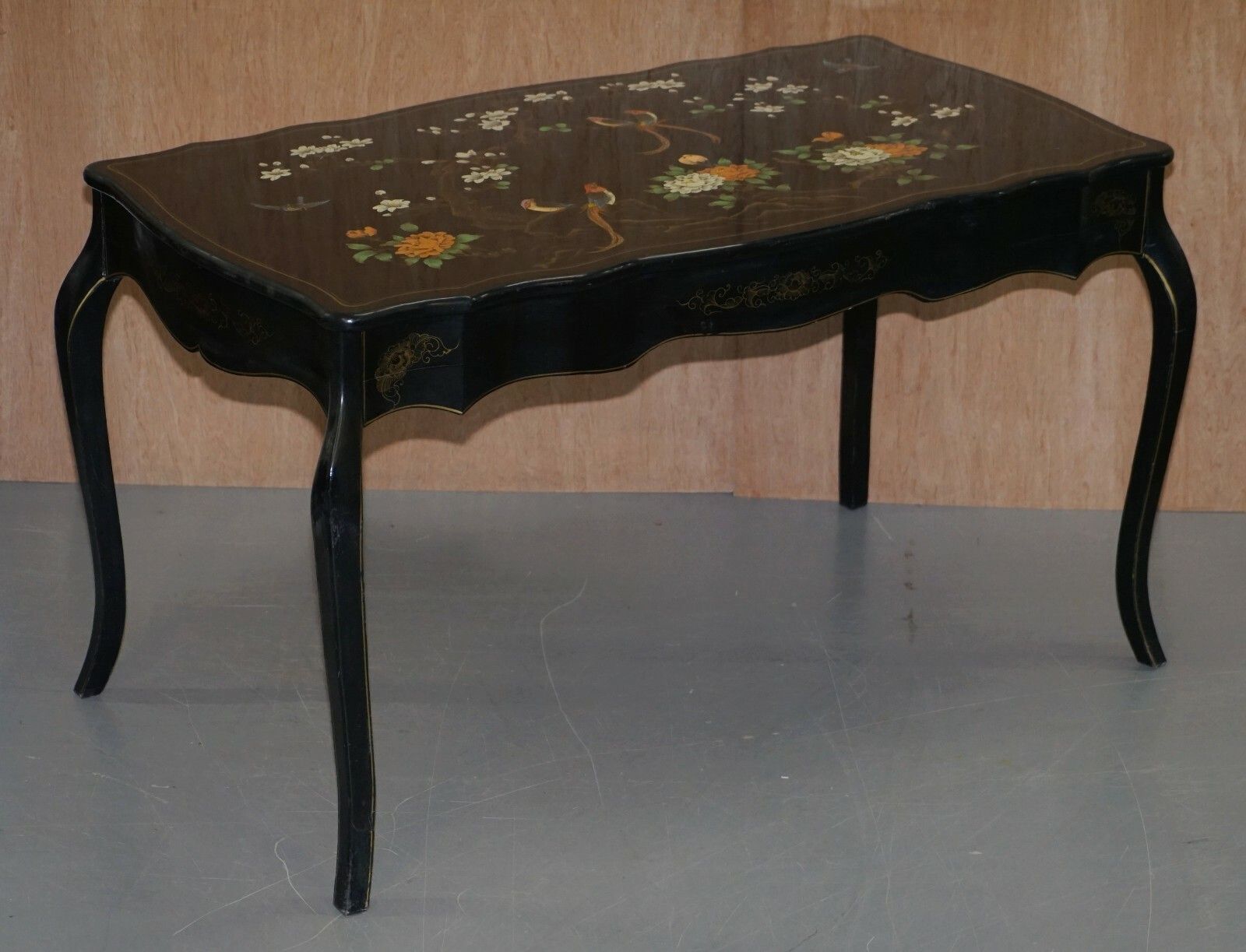Stunning Black Lacquered Polychrome Painted Writing Table Desk Birds Flowers photo for sale