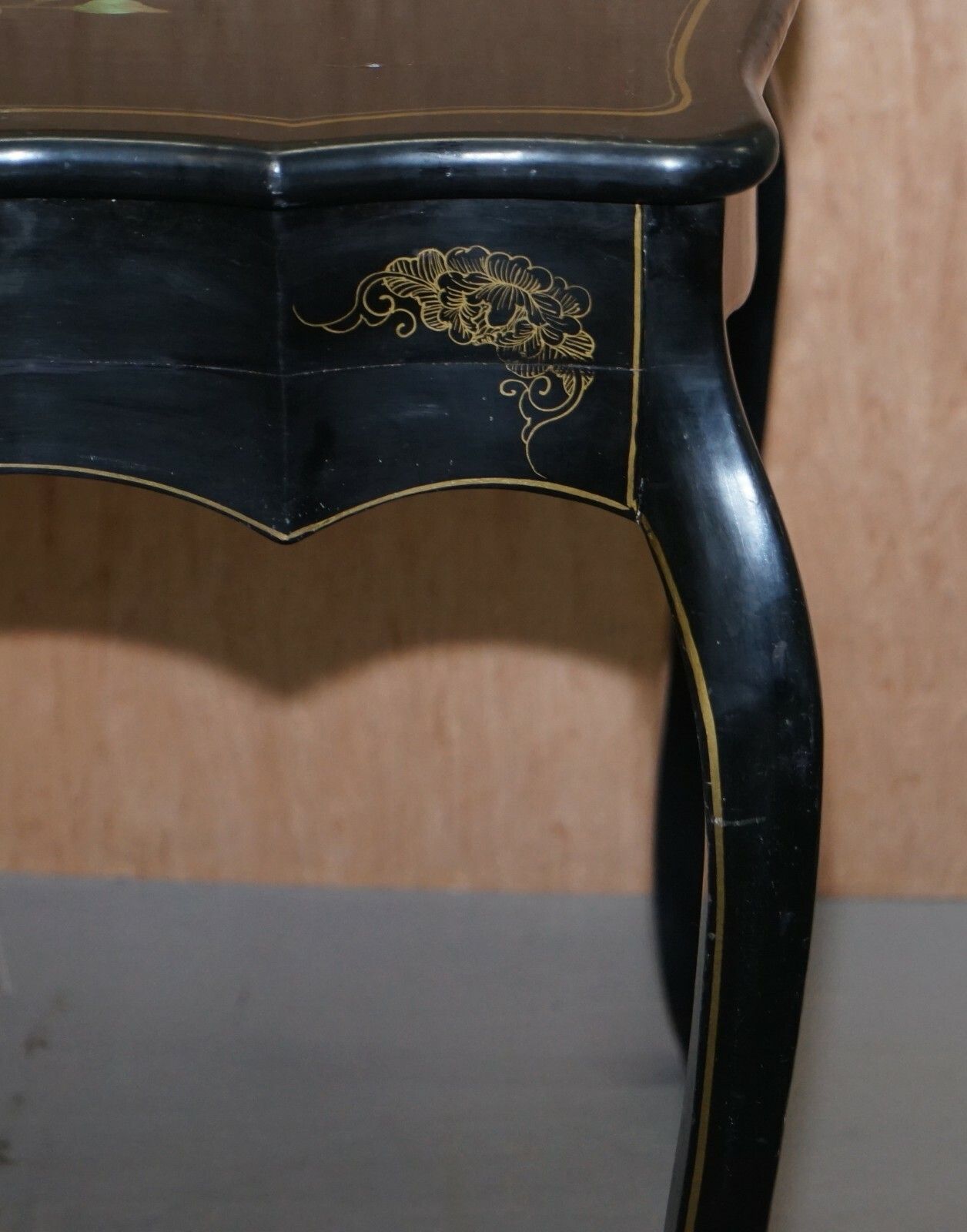 Stunning Black Lacquered Polychrome Painted Writing Table Desk Birds Flowers photo 2500.0