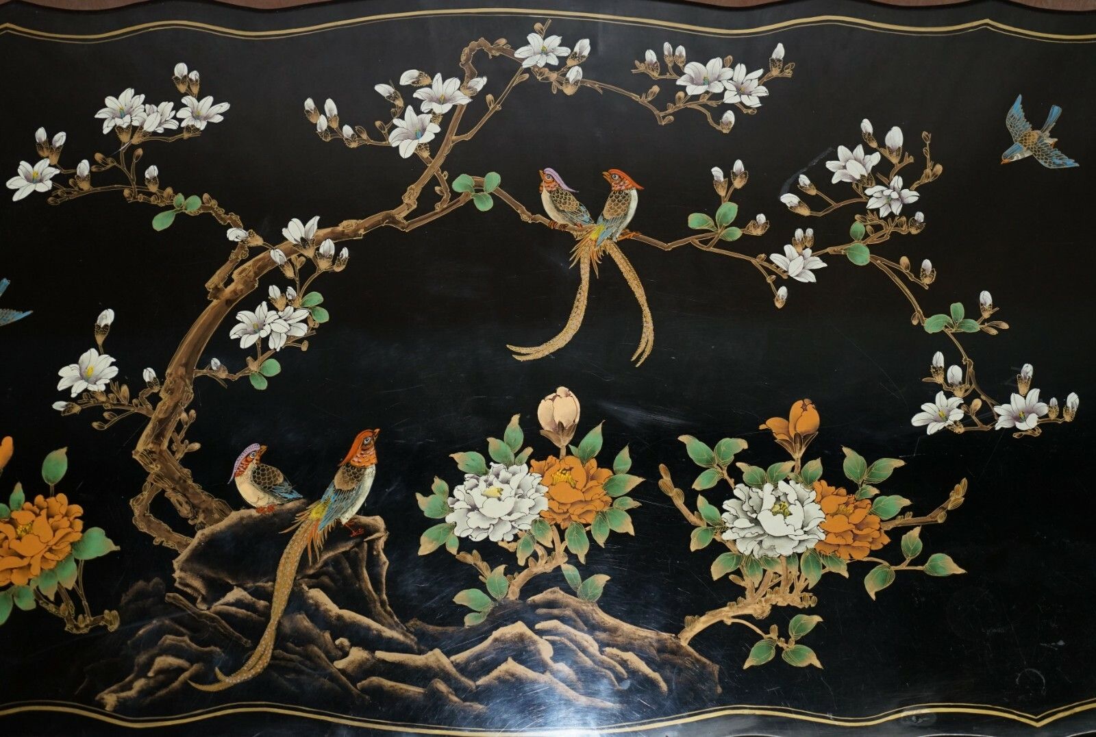 Stunning Black Lacquered Polychrome Painted Writing Table Desk Birds Flowers photo buy