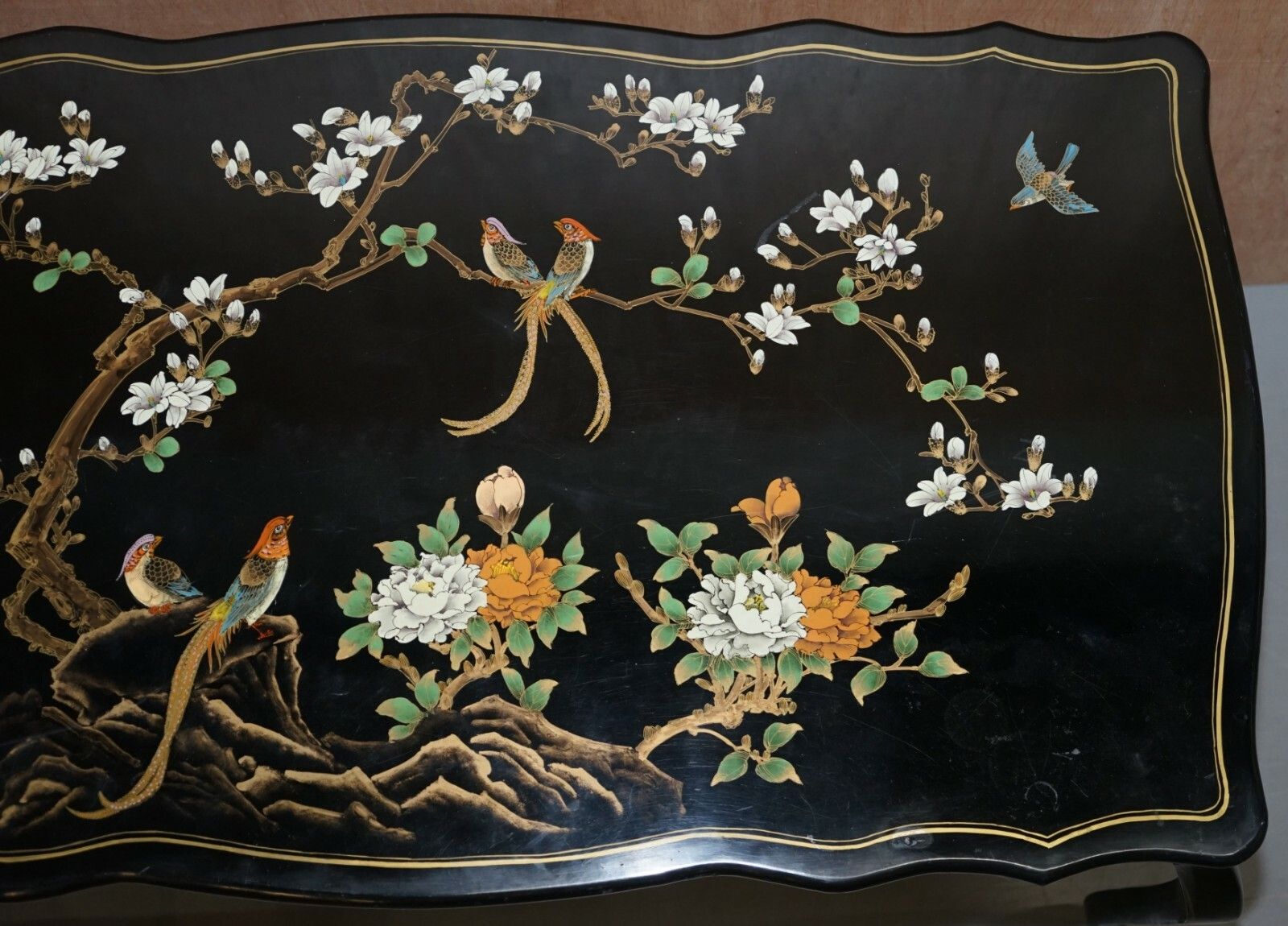 photo furniture Stunning Black Lacquered Polychrome Painted Writing Table Desk Birds Flowers