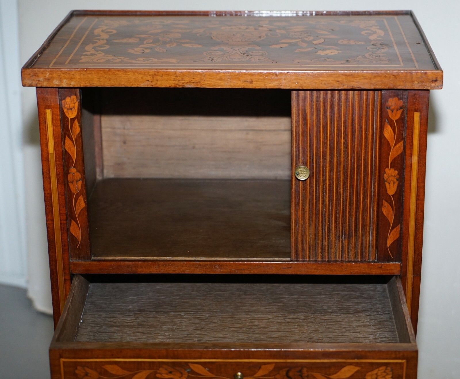 2500.0 Rare 19th Century Dutch Marquetry Inlaid Side Table With Tambour Fronted Door photo