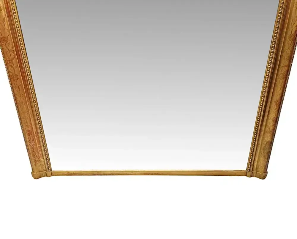 A Lovely 19th Century Large Size Giltwood Overmantel Mirror With Floral Embossed Detail photo vinterior