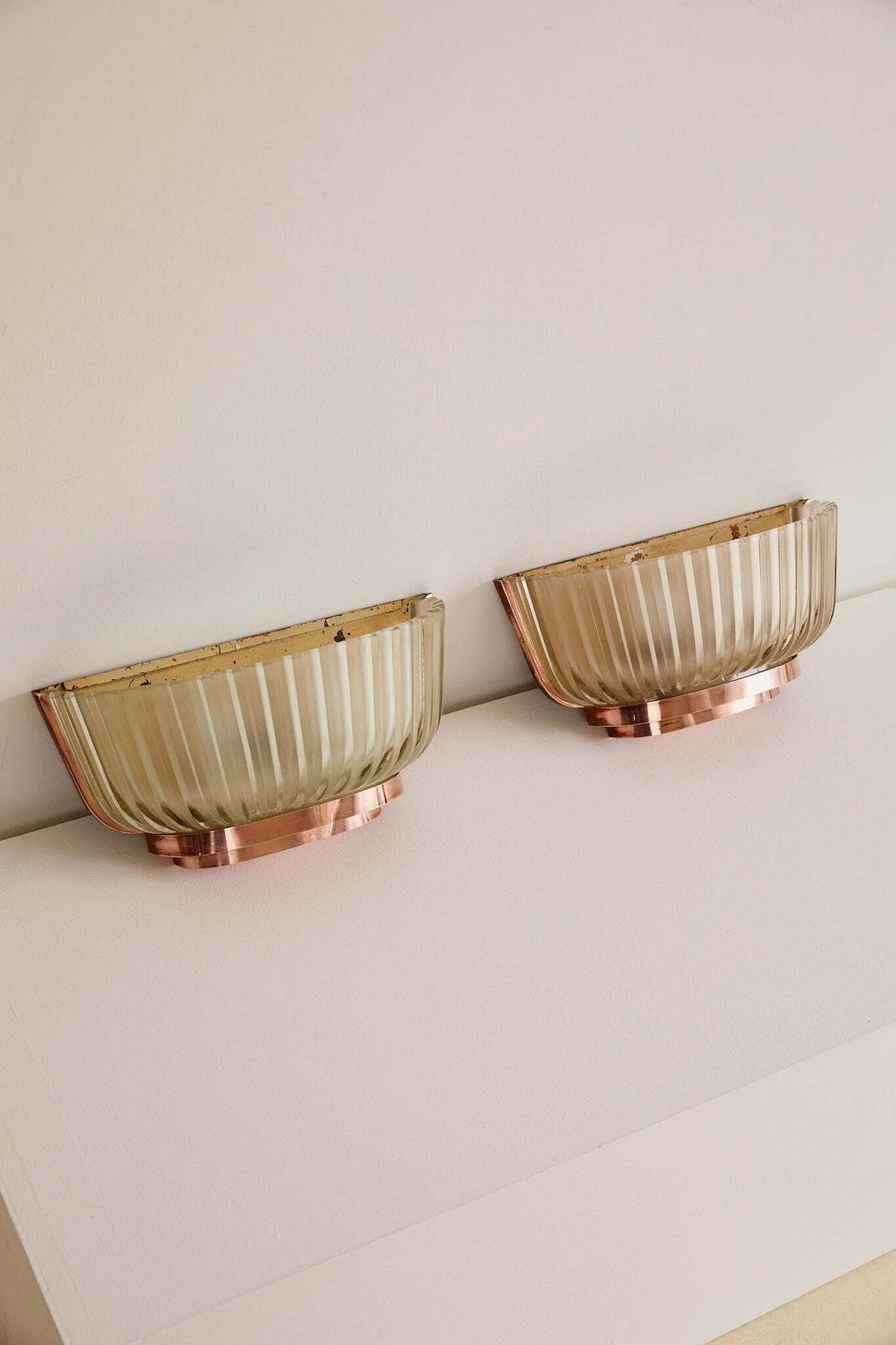 Pair Of Art Deco Brass And Glass Wall Lights By Seguso photo for sale