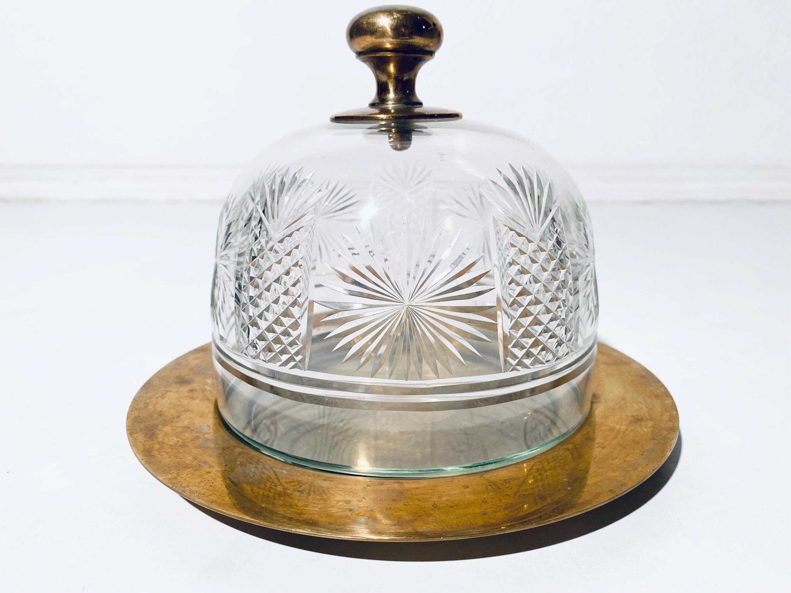 Vintage Brass Cheese Bell With Crystal Glass Lid Serving Dome / 1960s Vintage Decor