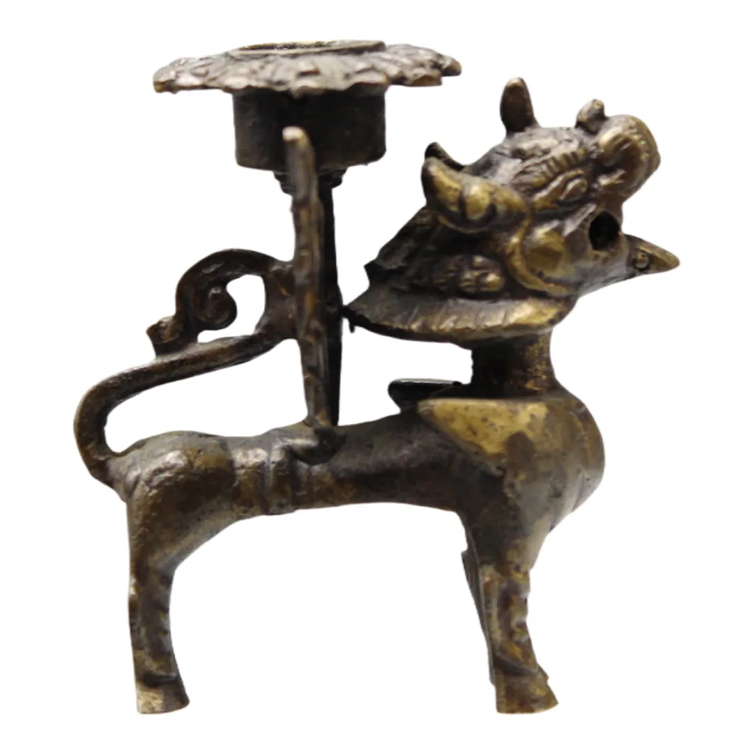 Antique Brass Dog Of Fo Candlesticks, 1920s, Set Of 2 photo for sale