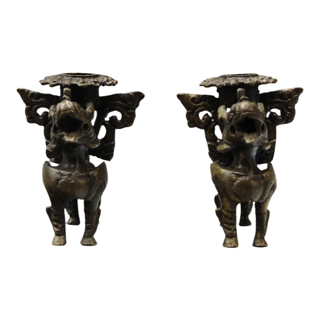 Antique Brass Dog Of Fo Candlesticks, 1920s, Set Of 2 photo Home Decor