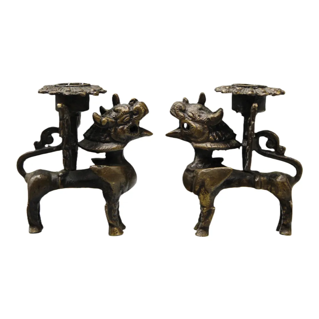 Antique Brass Dog Of Fo Candlesticks, 1920s, Set Of 2