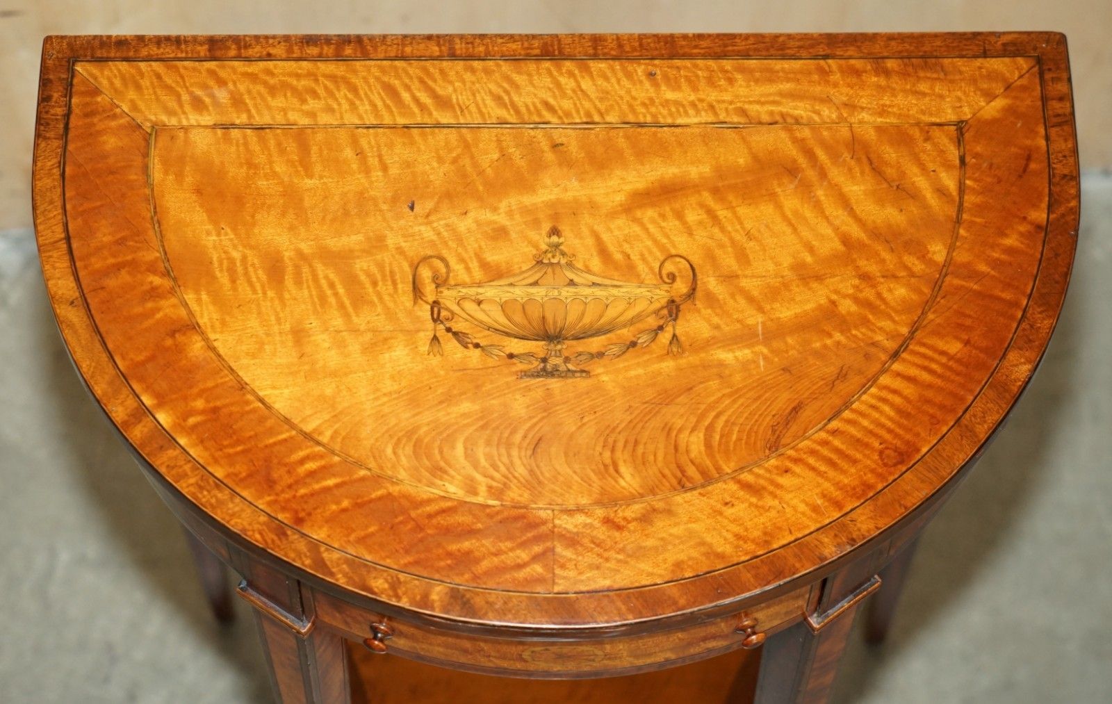 Important Pair Of Museum Quality Sheraton Satinwood Demi Lune Console Tables photo 30000.0