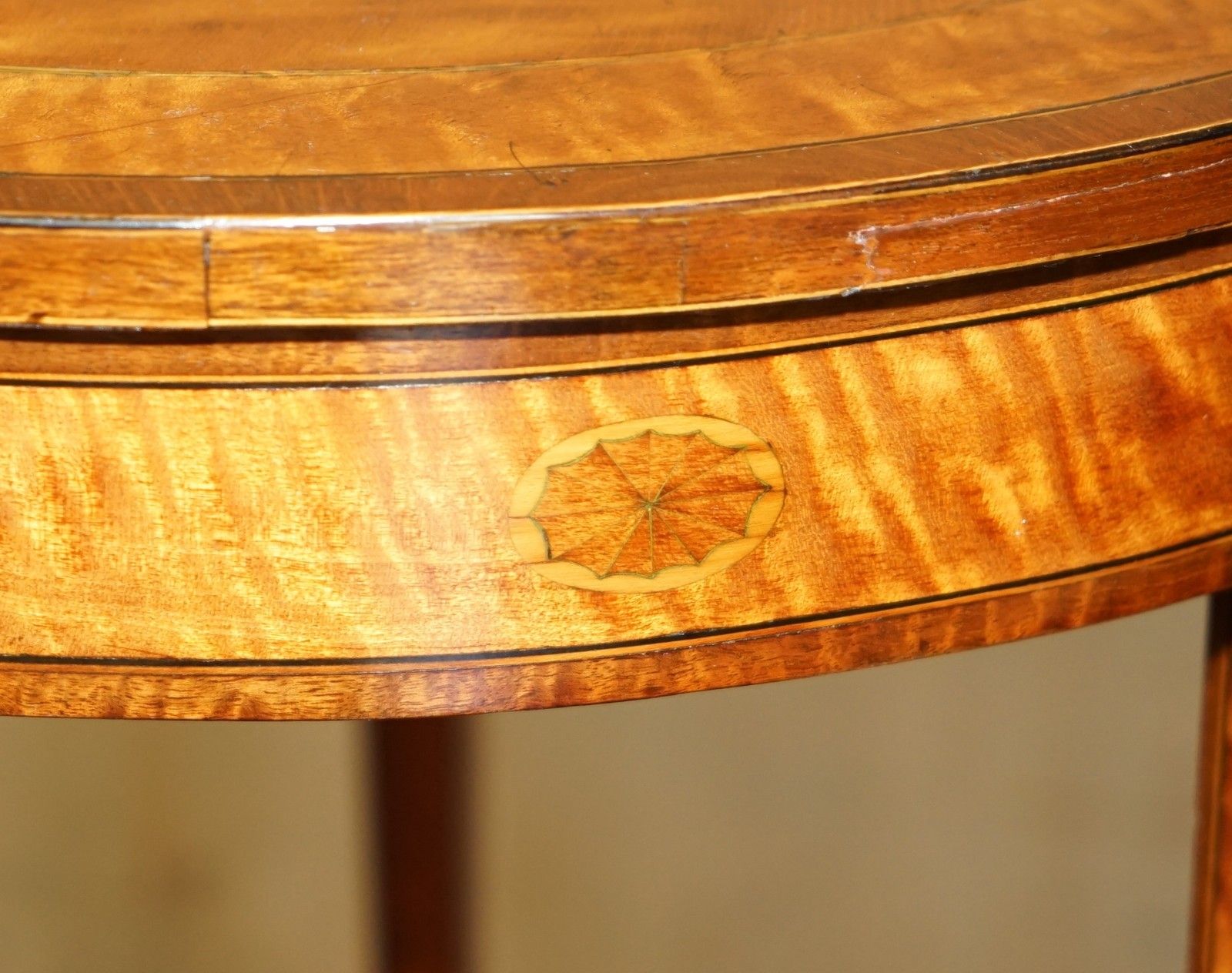 photo buy Important Pair Of Museum Quality Sheraton Satinwood Demi Lune Console Tables