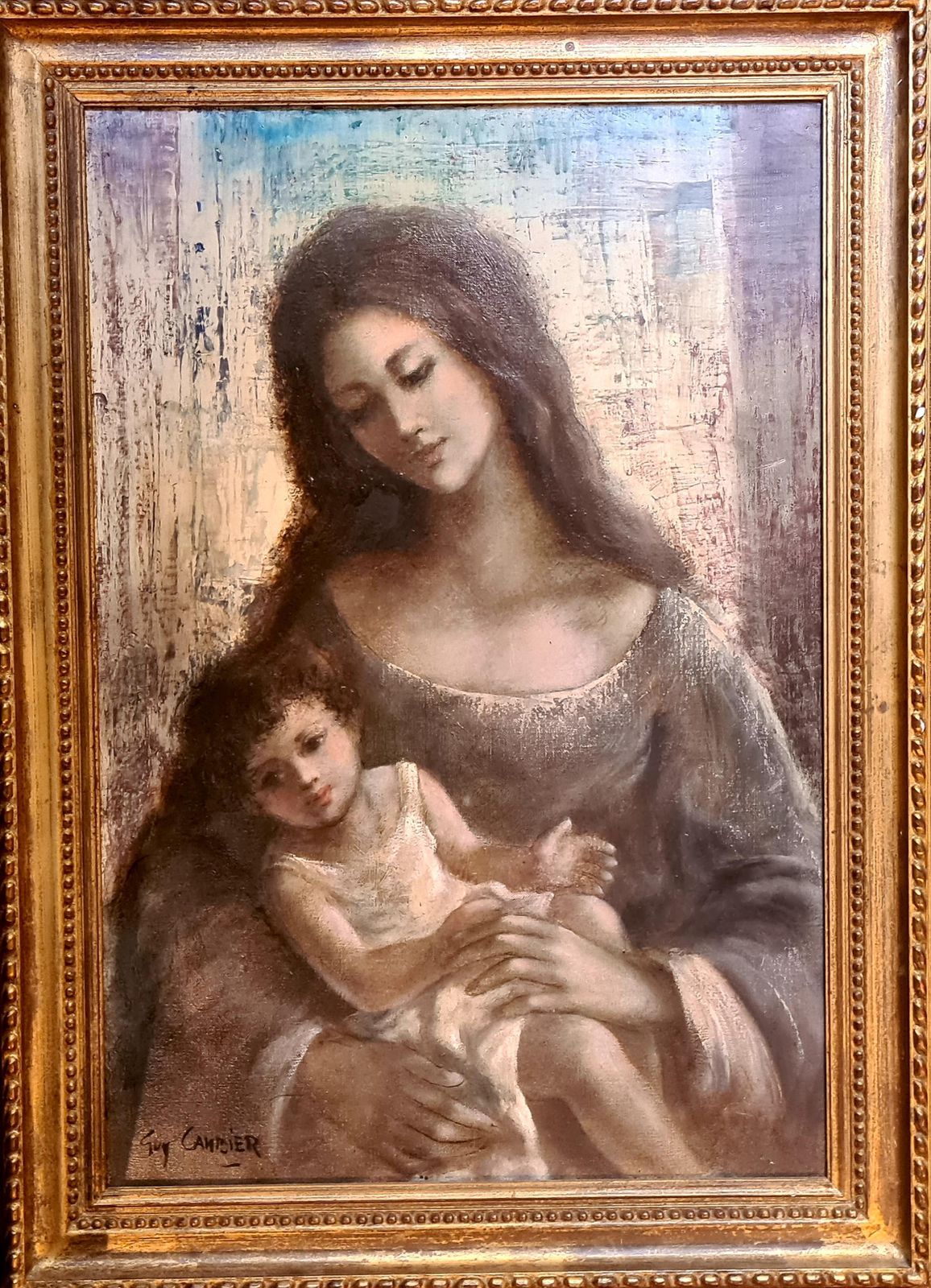 Mother And Child, Ecole De Paris, Large Oil On Canvas 1960s By Guy Cambier