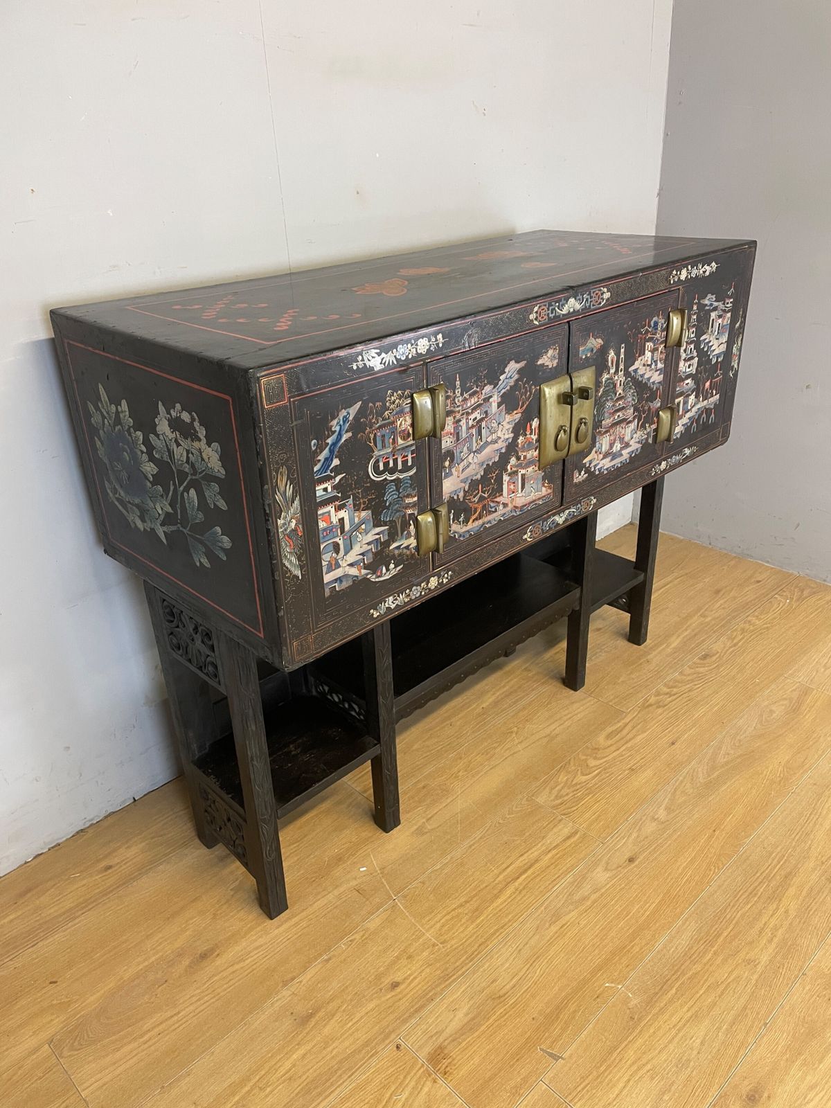 Antique Oriental Black Lacquered Cabinet On A Carved Stand Circa 1900 photo for sale
