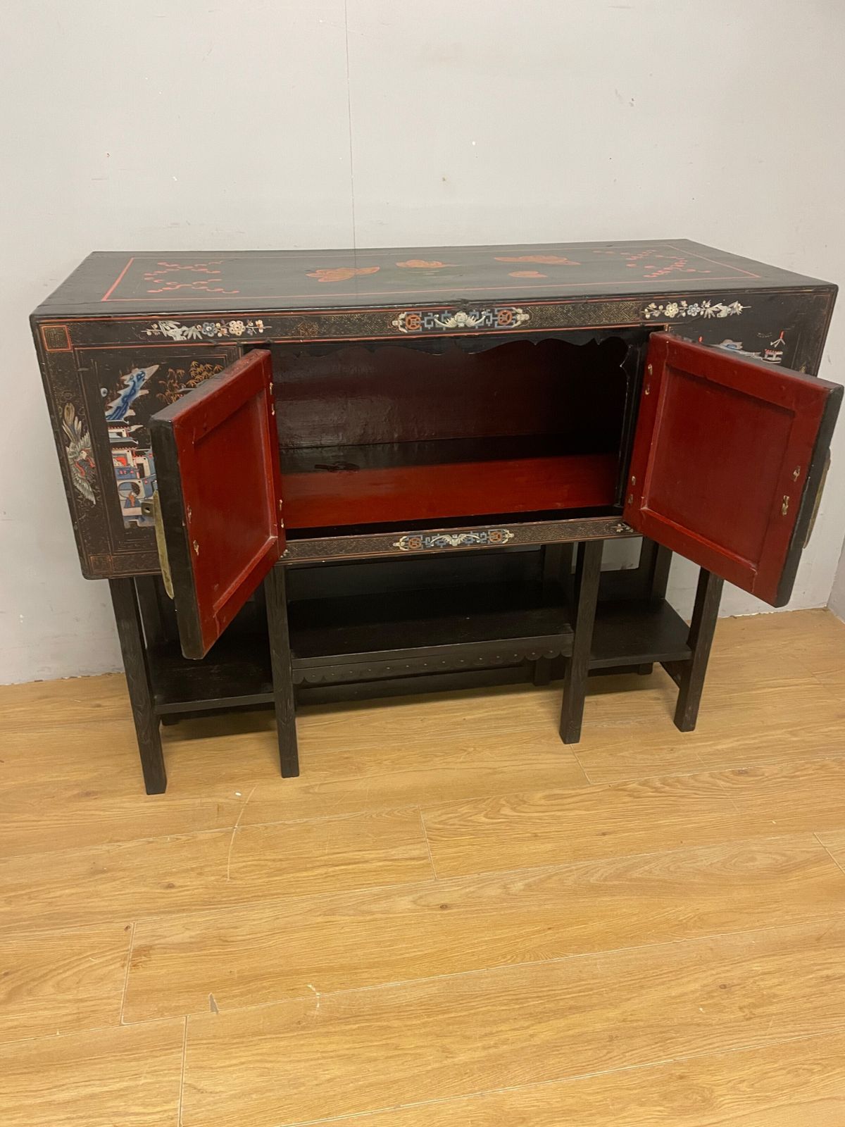 photo furniture Antique Oriental Black Lacquered Cabinet On A Carved Stand Circa 1900