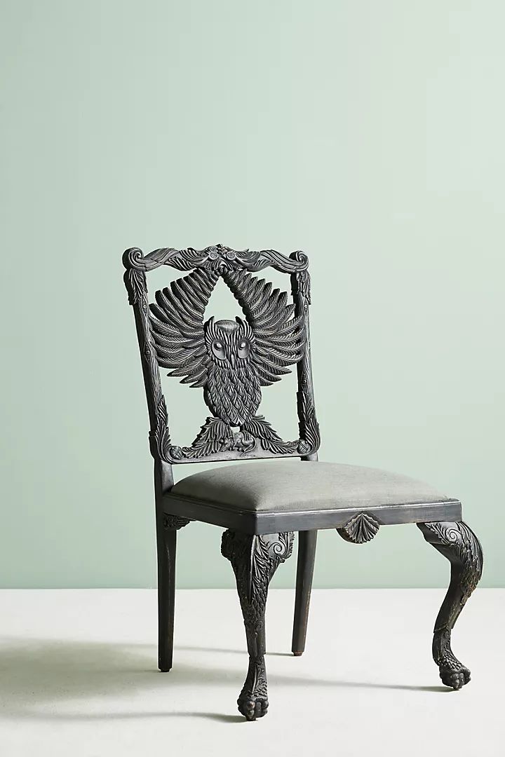 Hand Carved Wooden Black Owl Dinning Chair – Antique Black Finish With Intricate Detailing photo Furniture