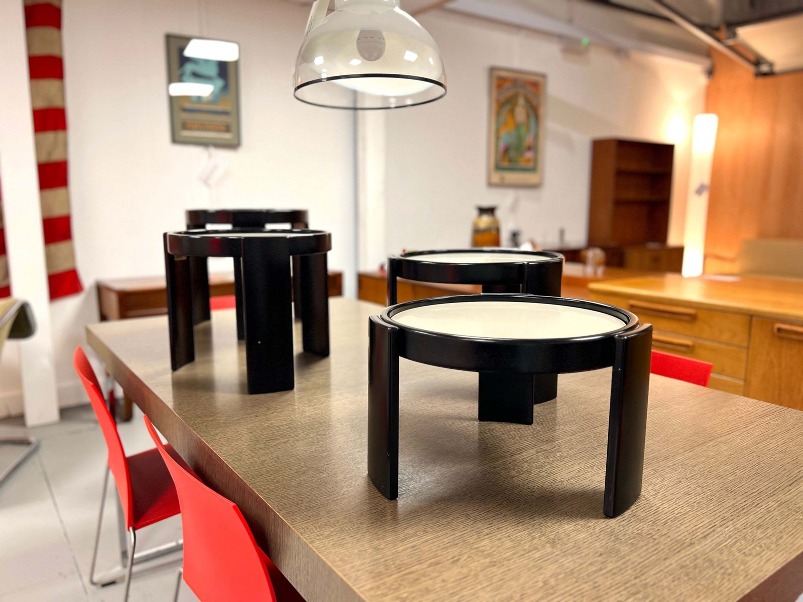 Cassina, Vintage Italian Nest Of 4 Tables With Cream Tops And Black Frames photo Furniture
