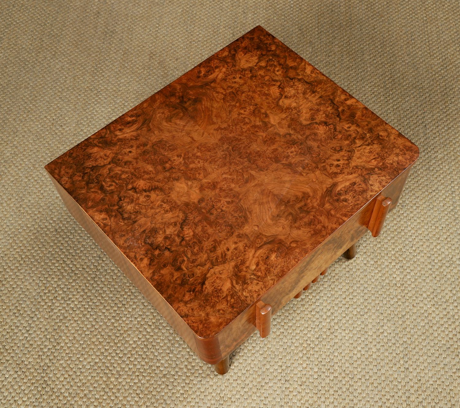 photo furniture Small English Art Deco Burr Walnut Bedside / Side / Lamp Table With Drawer (Circa 1930)
