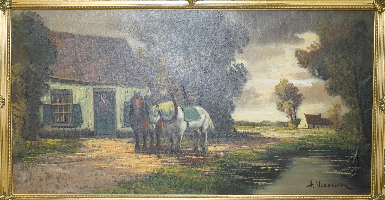2350.0 Extra Large 159x94cm H. Verbeelk Signed Oil Painting Of A Rural Scene With Horse photo