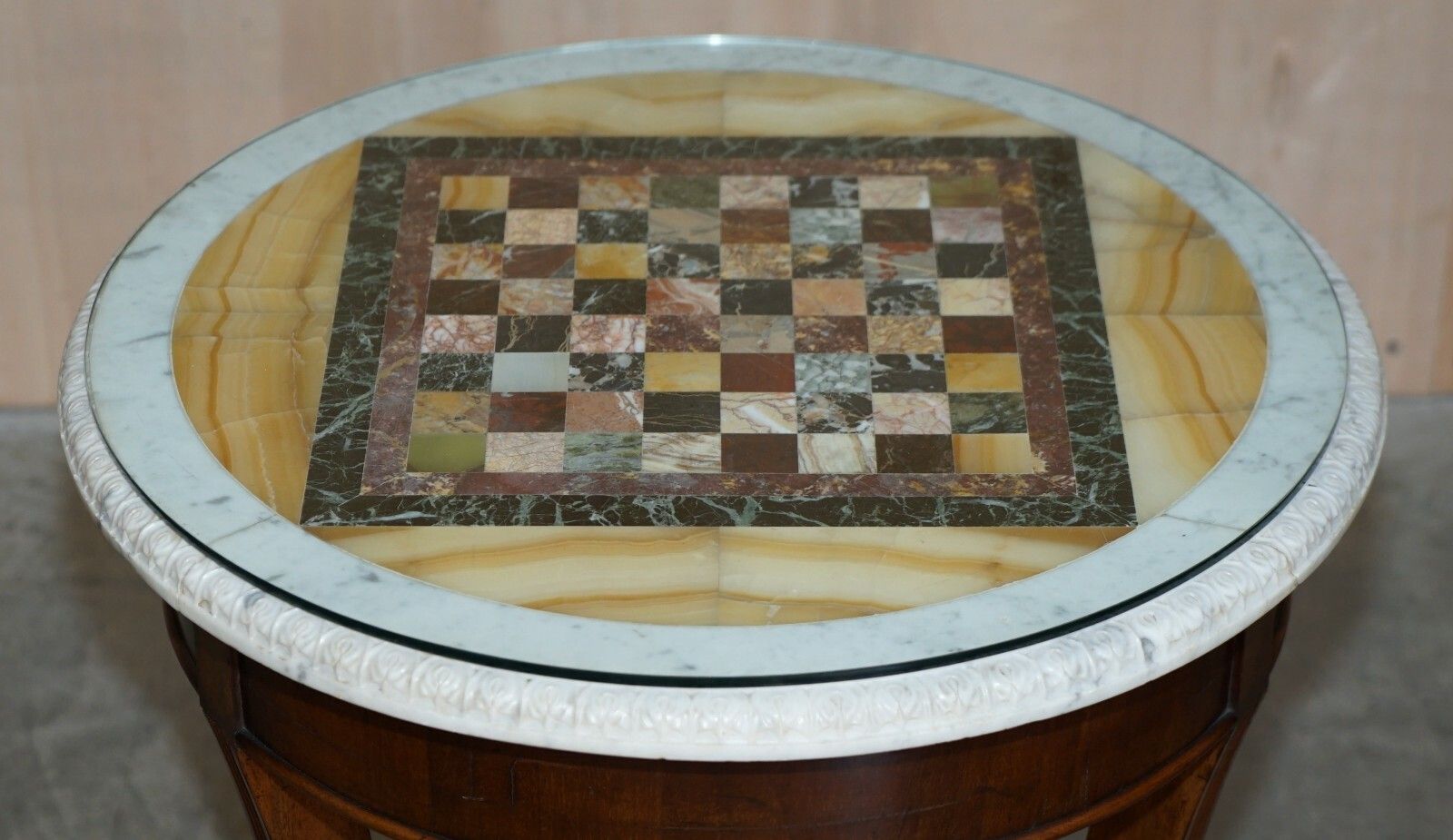 2350.0 Antique Italian Circa 1880 Pietra Dura Marble Chess Table Ornate Mahogany Base photo