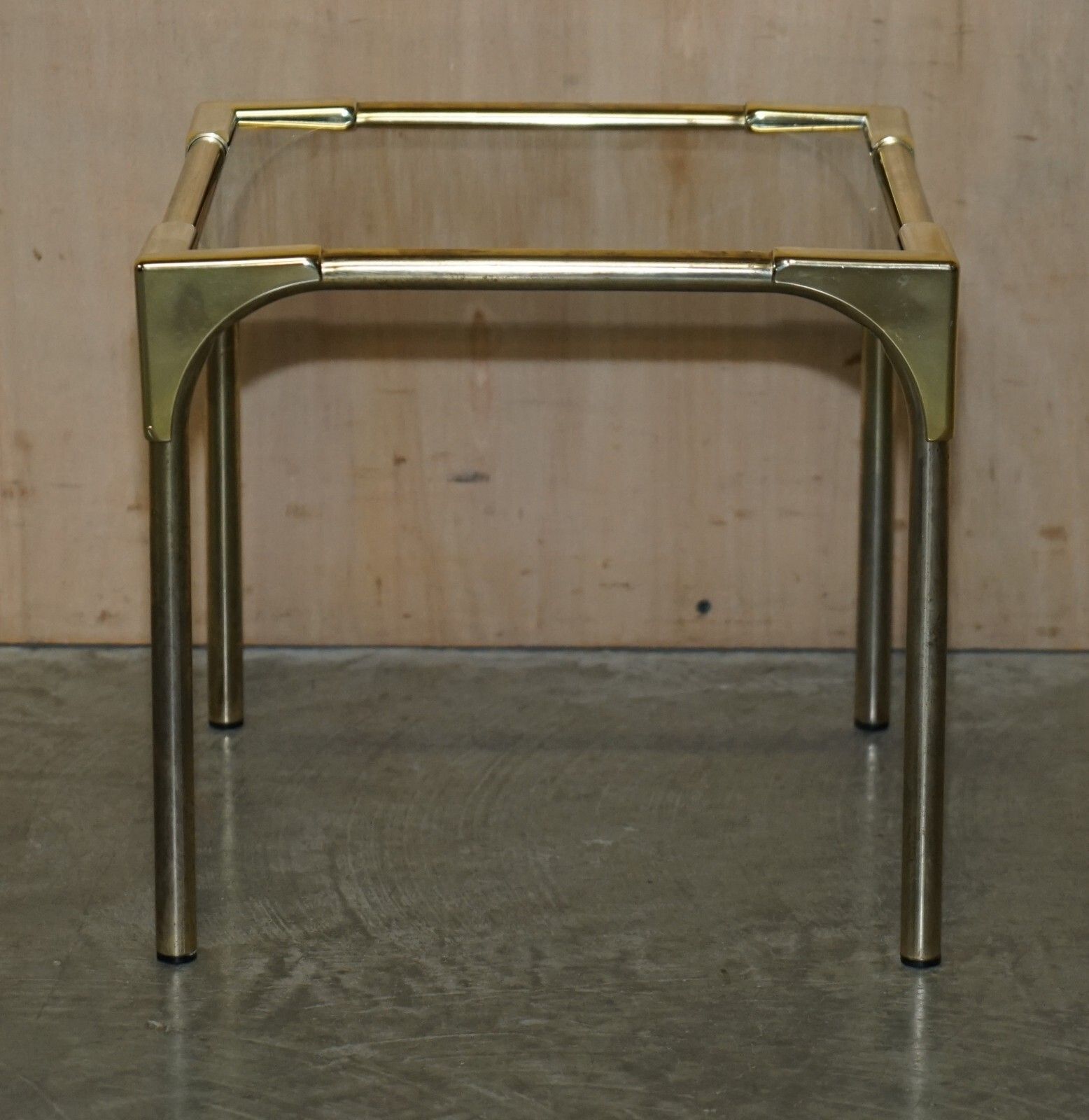 2250.0 Mid Century Modern Brass & Smoked Glass Coffee Table & Pair Of Side Nest Tables photo