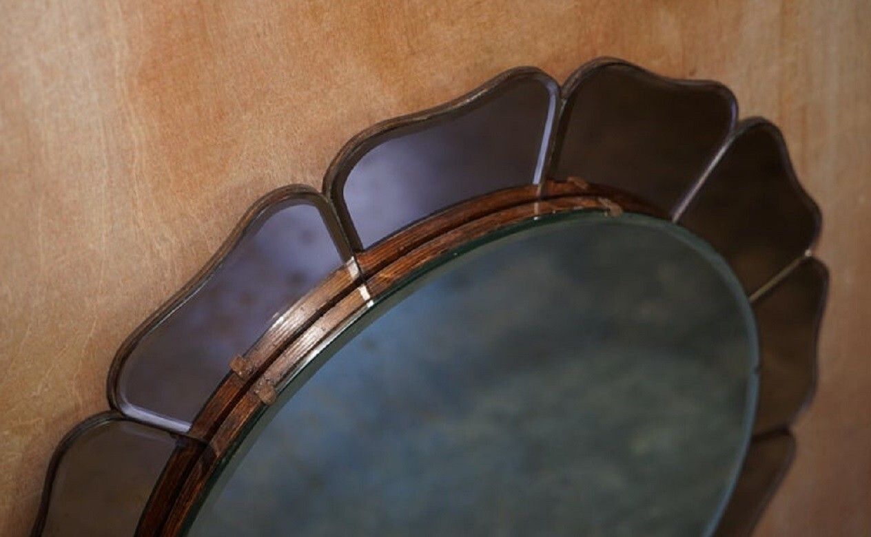 Large Sublime 1930's Art Deco Peach Glass Bevelled Venetian Round Petal Mirror photo for sale