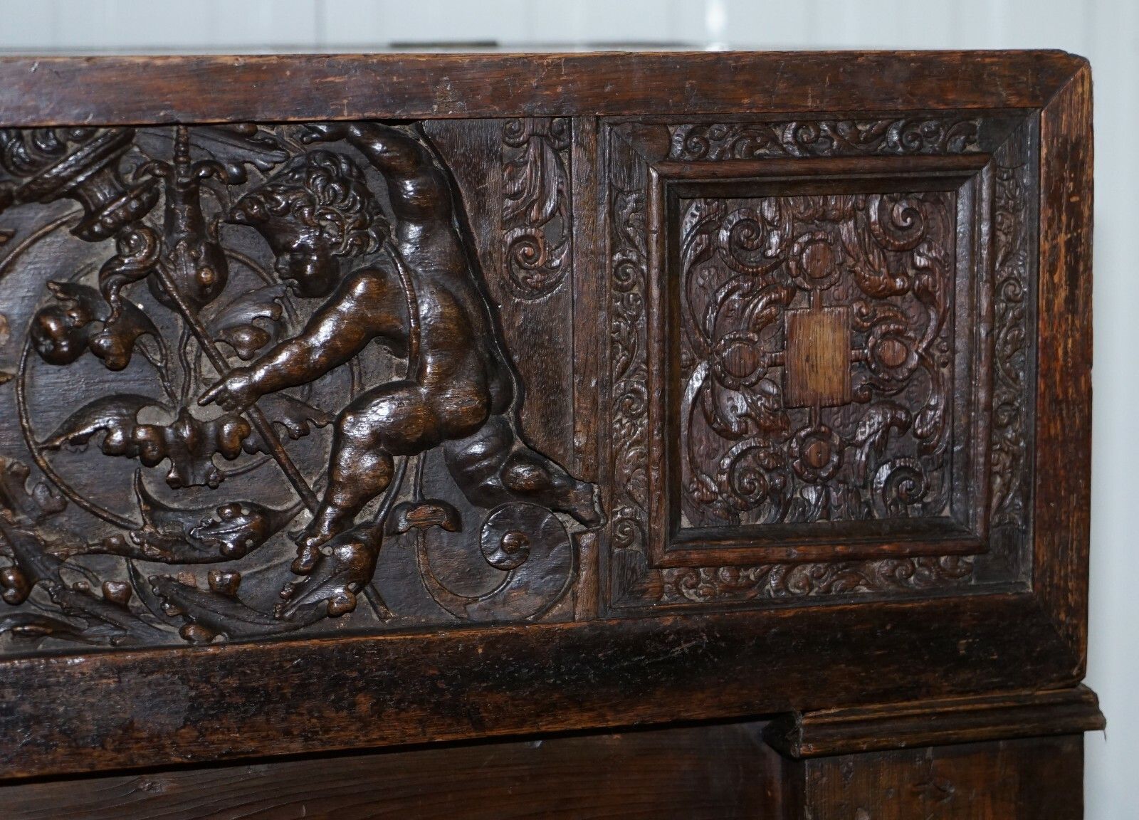 Very Rare Circa 1720 Trunk Chest Coffer On Stand Sideboard Carved Cherub Figures photo vintage