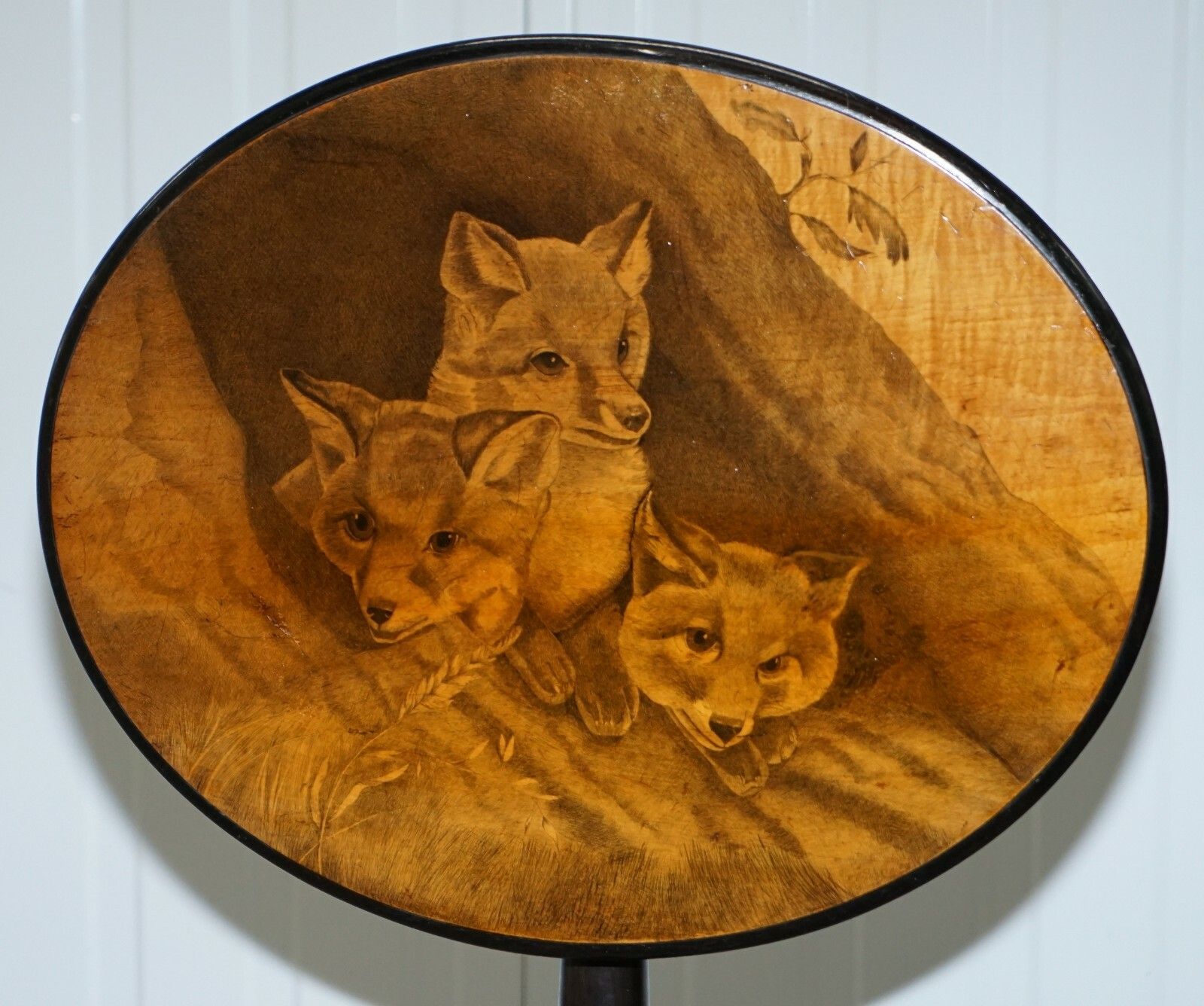 Very Rare Victorian Tilt Top Ebonised Table With Pen Work Drawings Of Fox Cubs photo vinterior