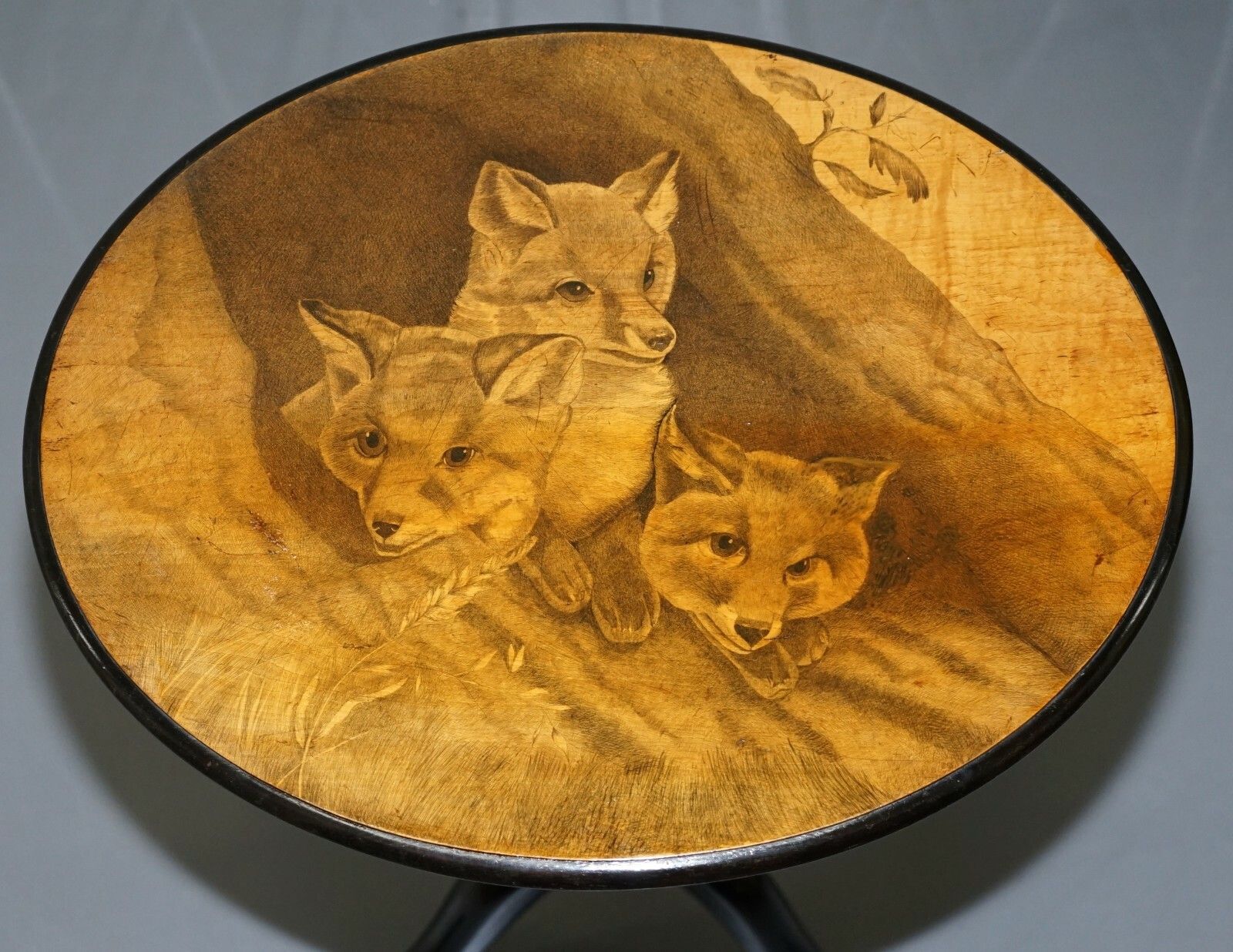 Very Rare Victorian Tilt Top Ebonised Table With Pen Work Drawings Of Fox Cubs photo vintage