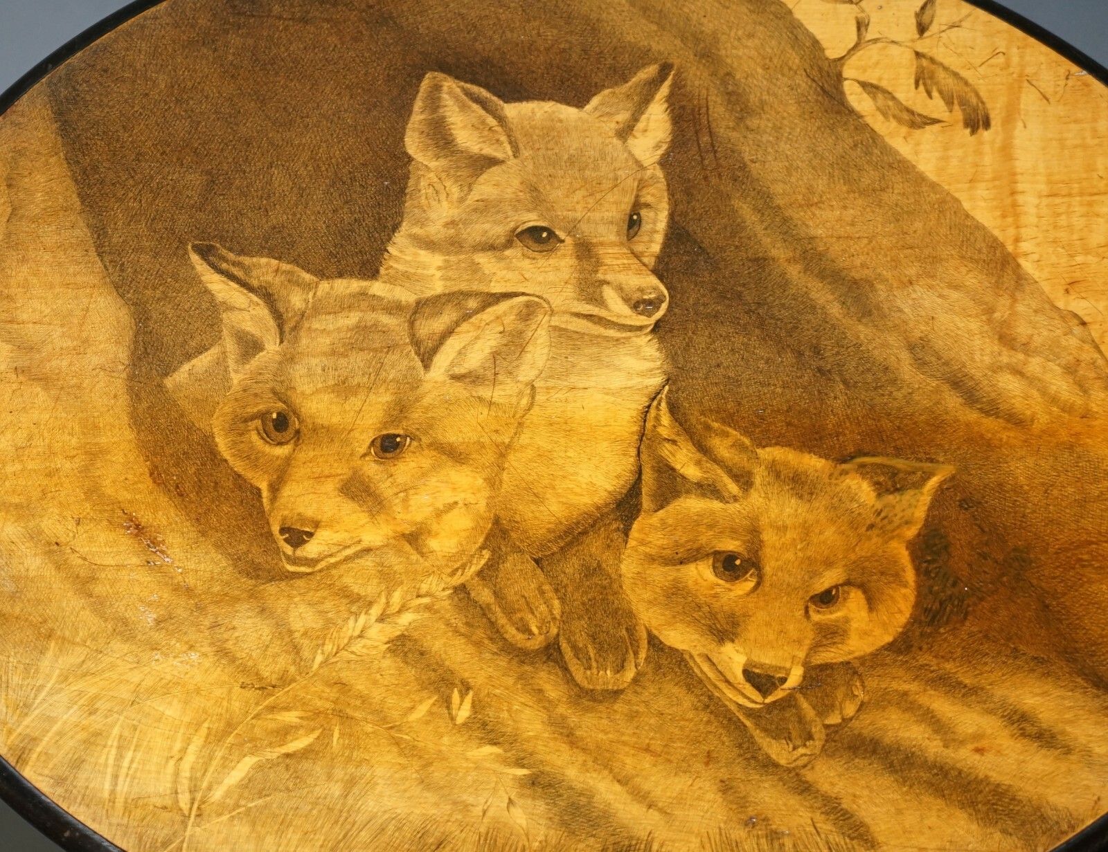 photo furniture Very Rare Victorian Tilt Top Ebonised Table With Pen Work Drawings Of Fox Cubs