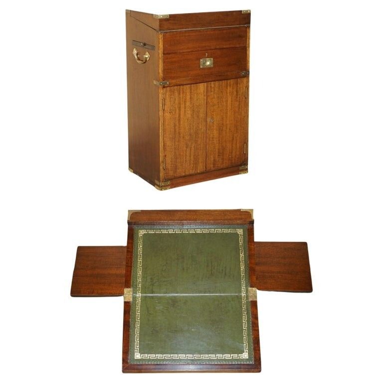 Antique Victorian Mahogany & Green Leather Military Campaign Davenport Desk