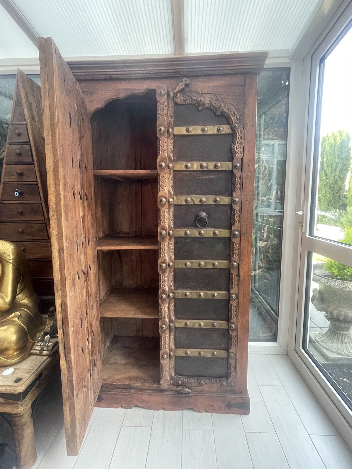 Antique Early 1900s Indian Cupboard – Handcrafted, Brass Inlays, Spiritual photo furniture