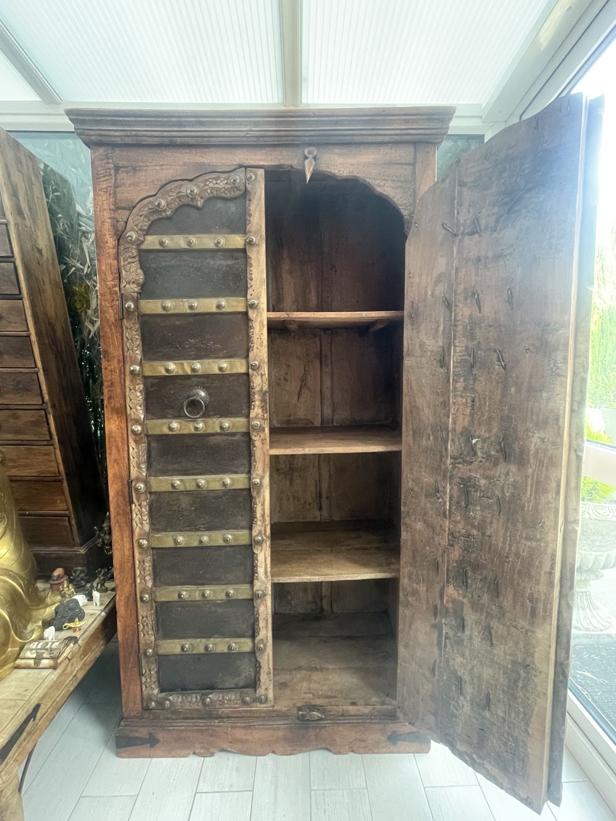 Antique Early 1900s Indian Cupboard – Handcrafted, Brass Inlays, Spiritual photo for sale