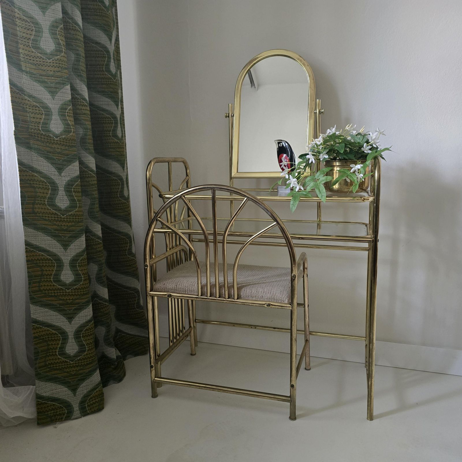 Vintage Hollywood Regency Dressing Table Set Modern Chrome And Glass Table With Mirror And Stool