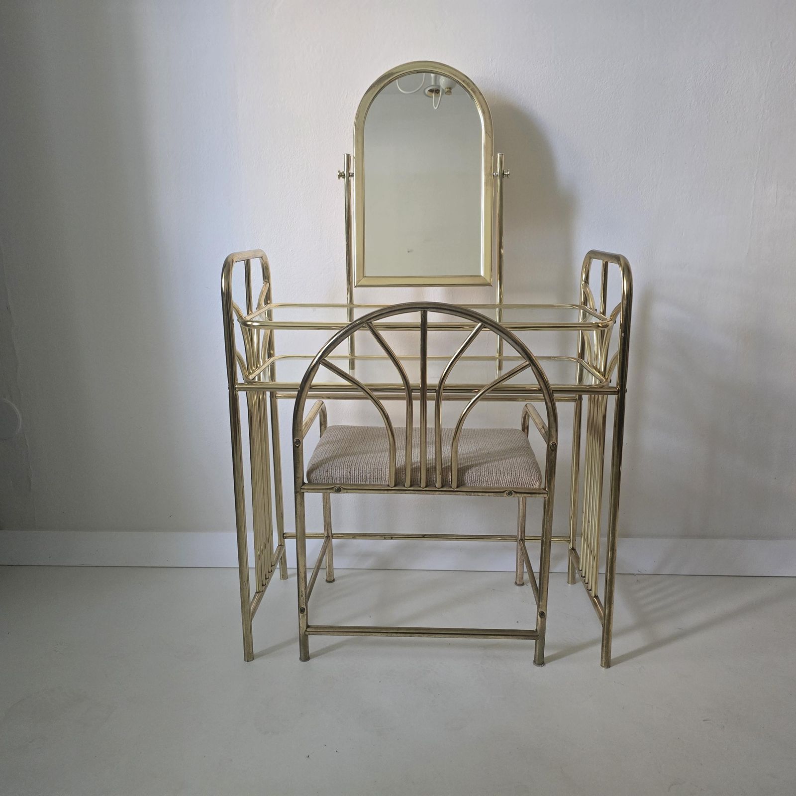 photo for sale Vintage Hollywood Regency Dressing Table Set Modern Chrome And Glass Table With Mirror And Stool