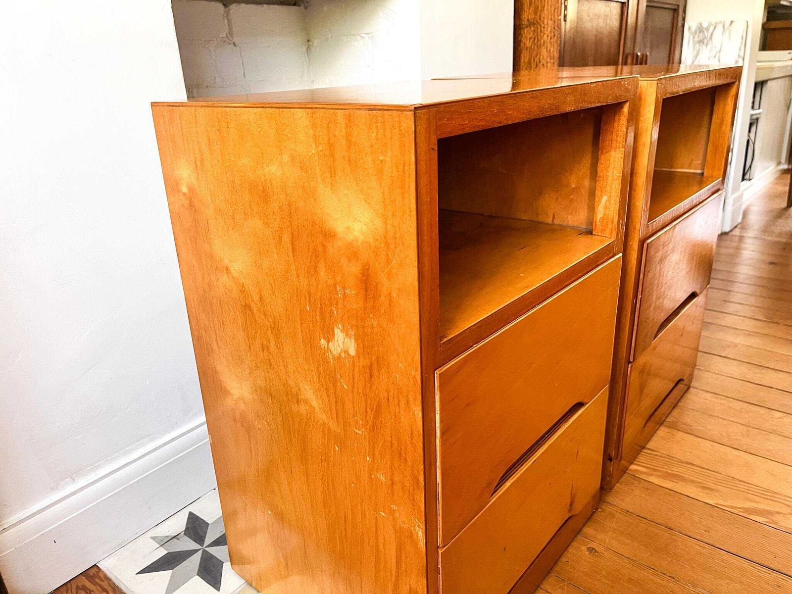 A Pair Of Mid Century Plywood Bedside Tables photo vintage