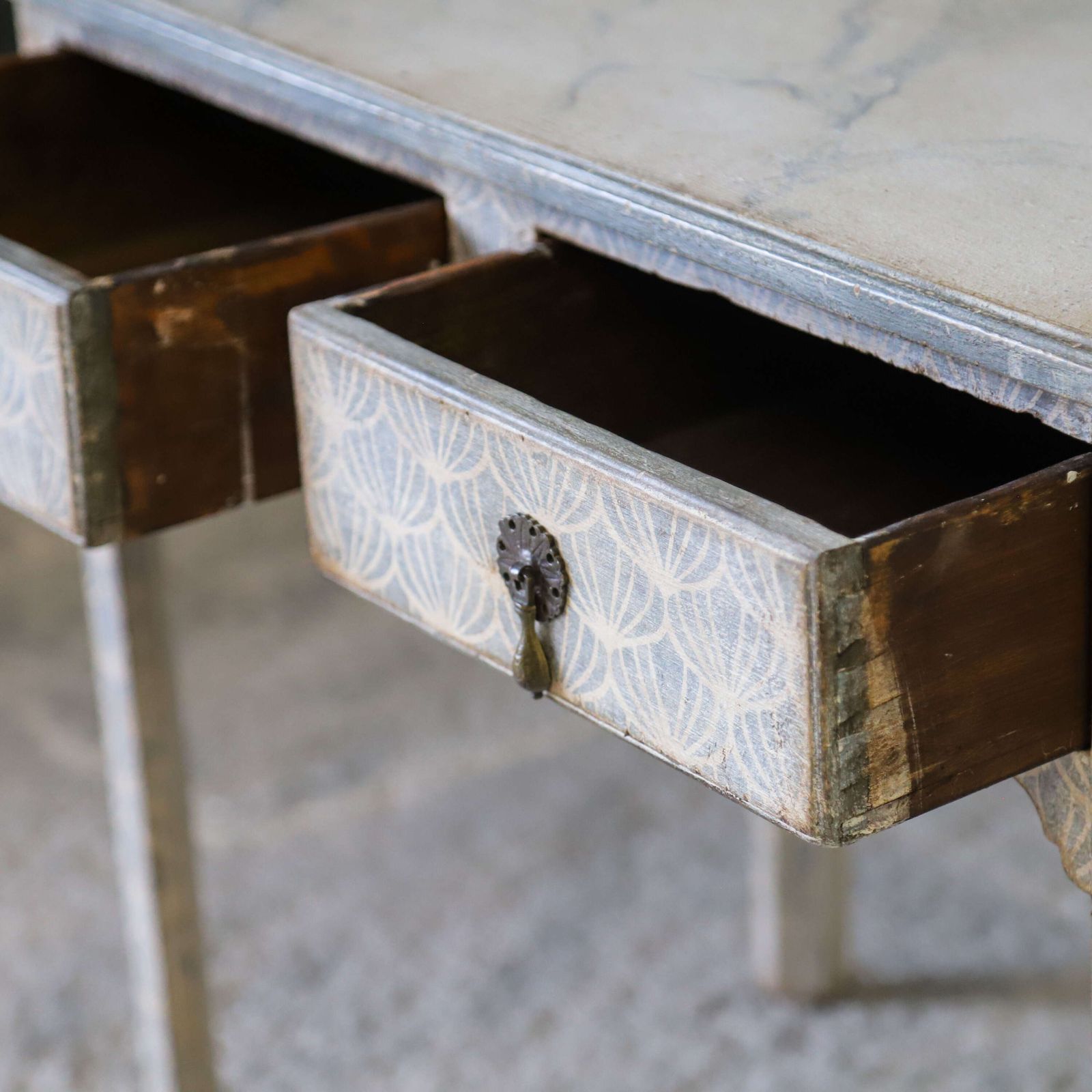 Antique English Georgian 2 Drawer Lowboy Unique Hand Painted Faux Marble & Decorative Base photo vintage