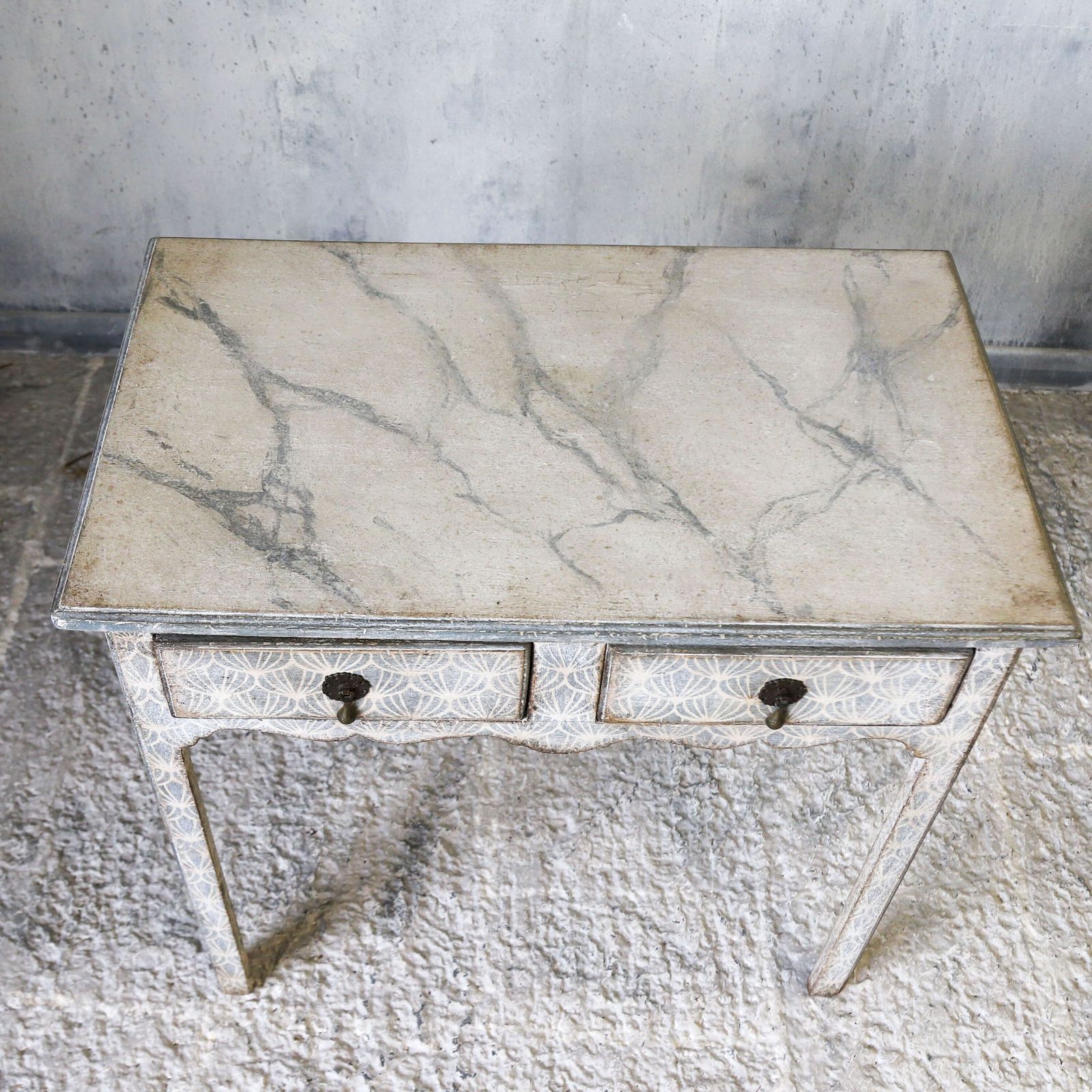 photo vinterior Antique English Georgian 2 Drawer Lowboy Unique Hand Painted Faux Marble & Decorative Base