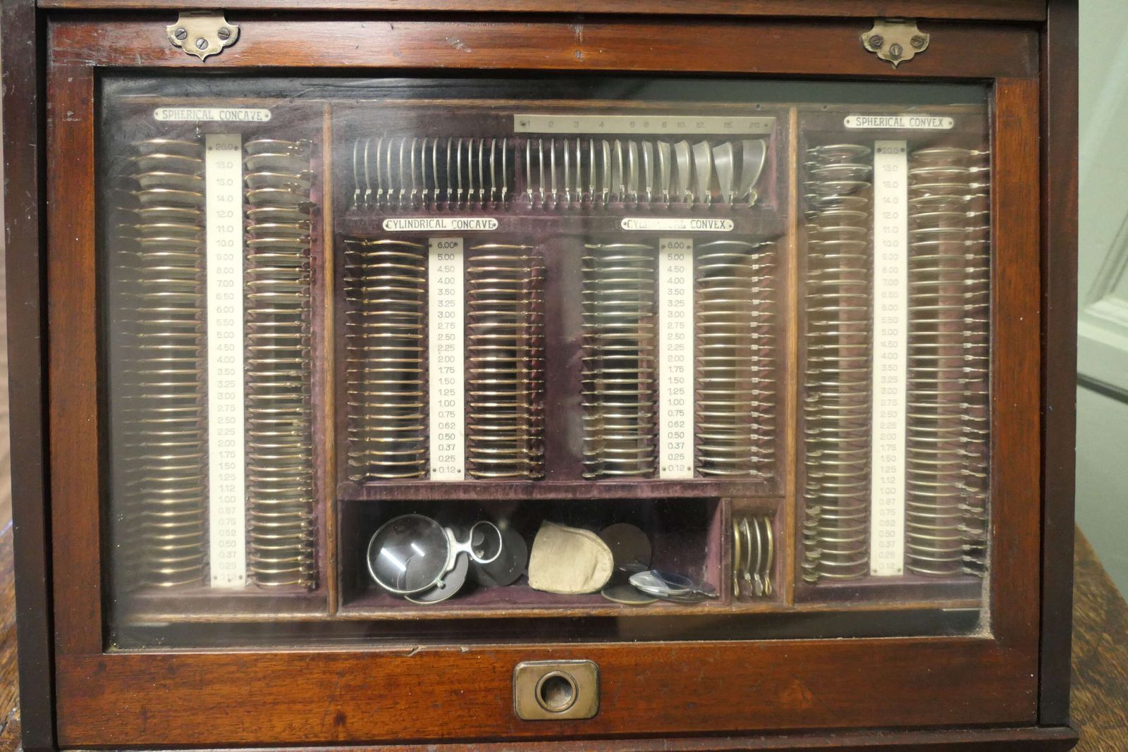 19th Century Optician Or Optometrist Test Glasses Lens Kit In Cabinet photo for sale