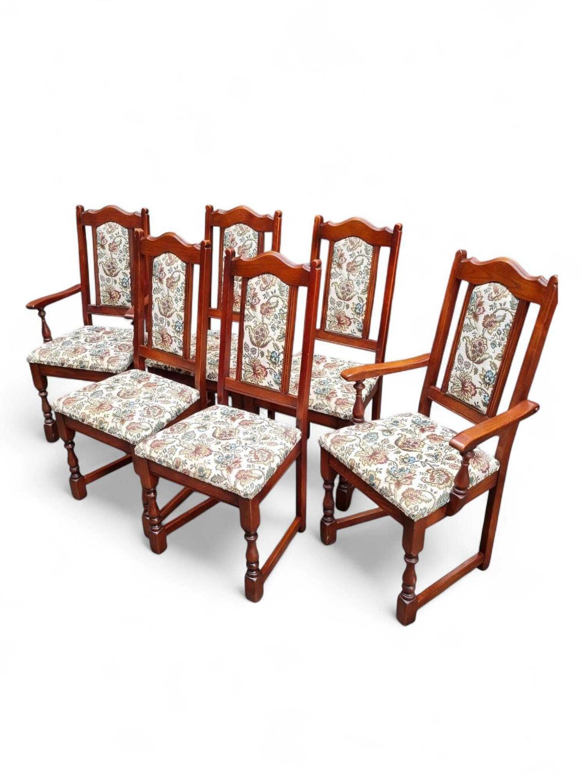 Vintage Old Charm Wood Bros Oak Dining Chairs / Set Of 6 / Solid Oak Wooden Frames