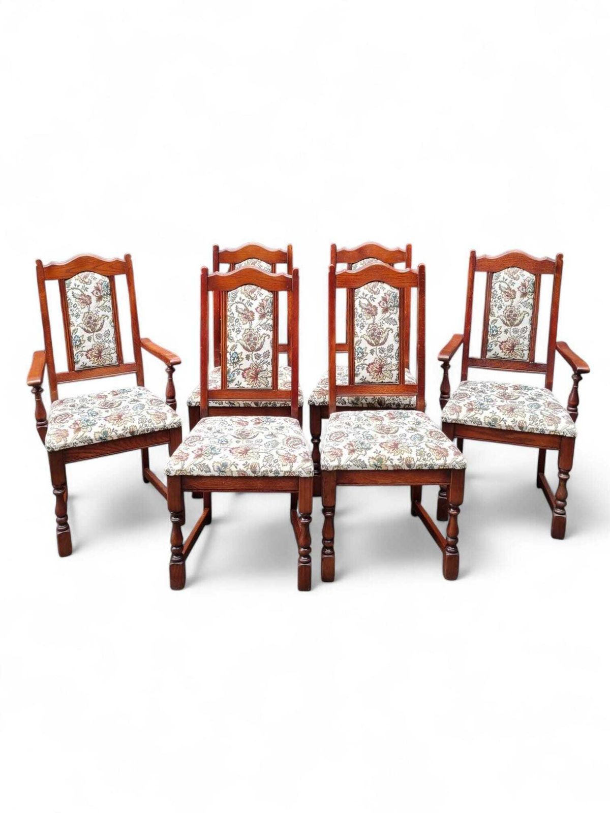 Vintage Old Charm Wood Bros Oak Dining Chairs / Set Of 6 / Solid Oak Wooden Frames photo vinterior