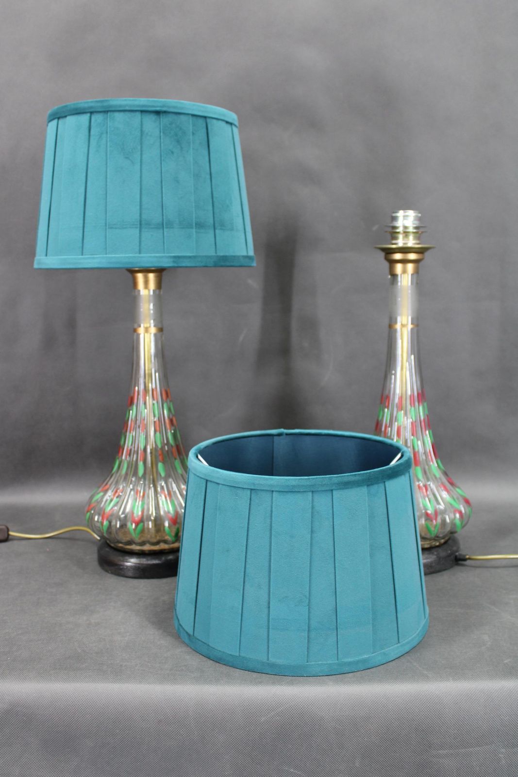 photo furniture 1960s Pair Of Hand Painted Glass Table Lamps With New Fabric Shade, Czechoslovak