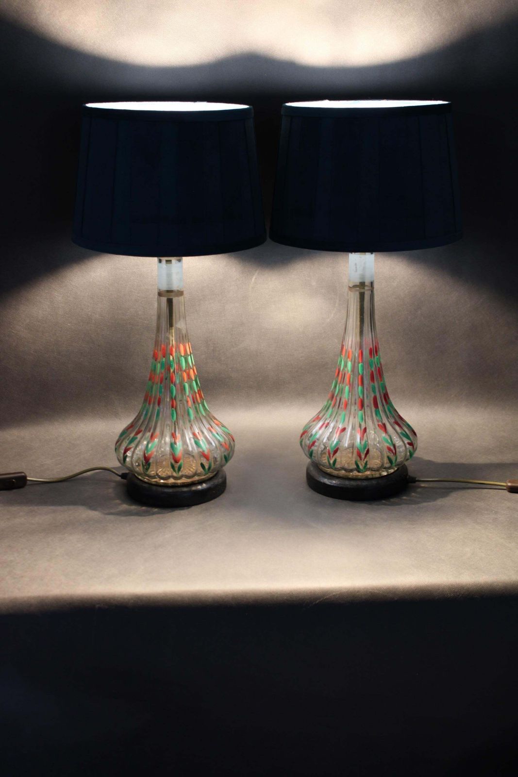 photo buy 1960s Pair Of Hand Painted Glass Table Lamps With New Fabric Shade, Czechoslovak
