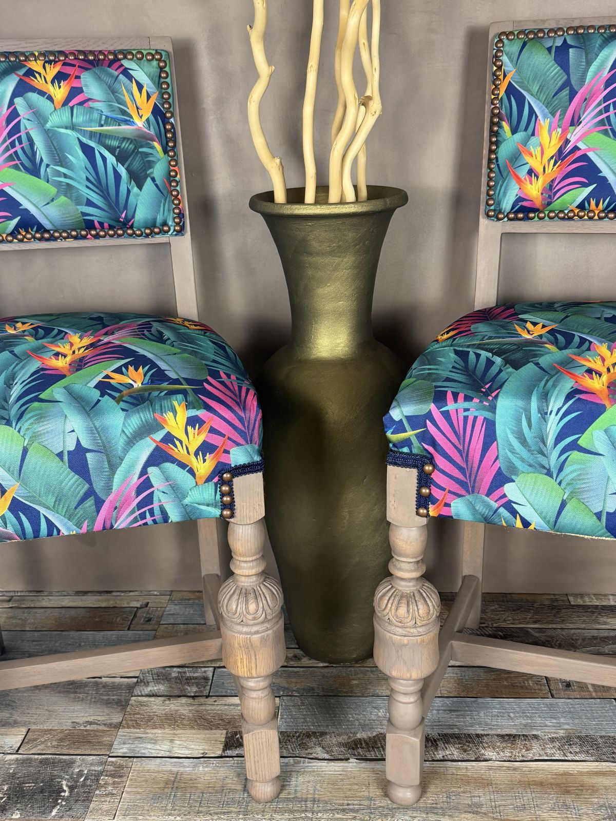 The Strelitzia Pair Hand Painted Vintage Chairs In Tropical Leaf Upholstery photo Furniture
