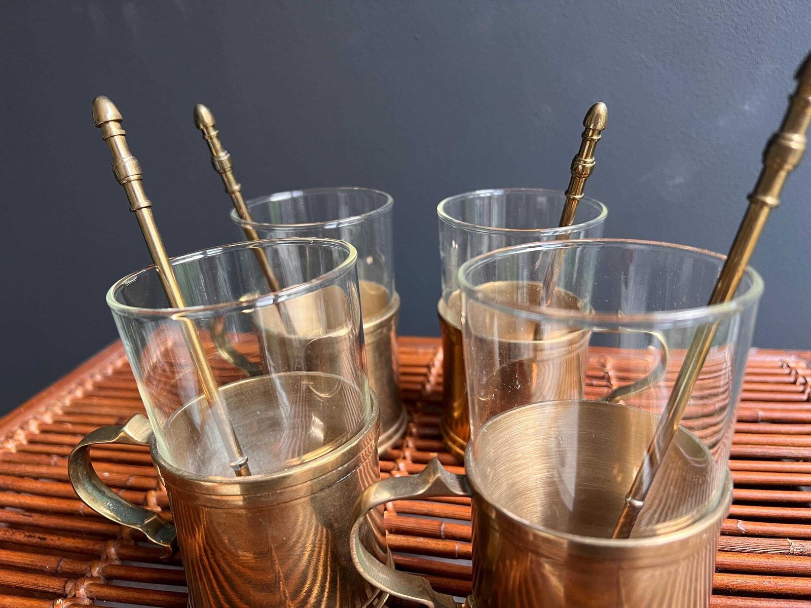Vintage Copper Mugs Set Of 4, Gallo Schott Glass Inserts & Spoons, Châteaucore Barware, Medieval Modern Kitchen, Folk Art Aesthetic photo vintage